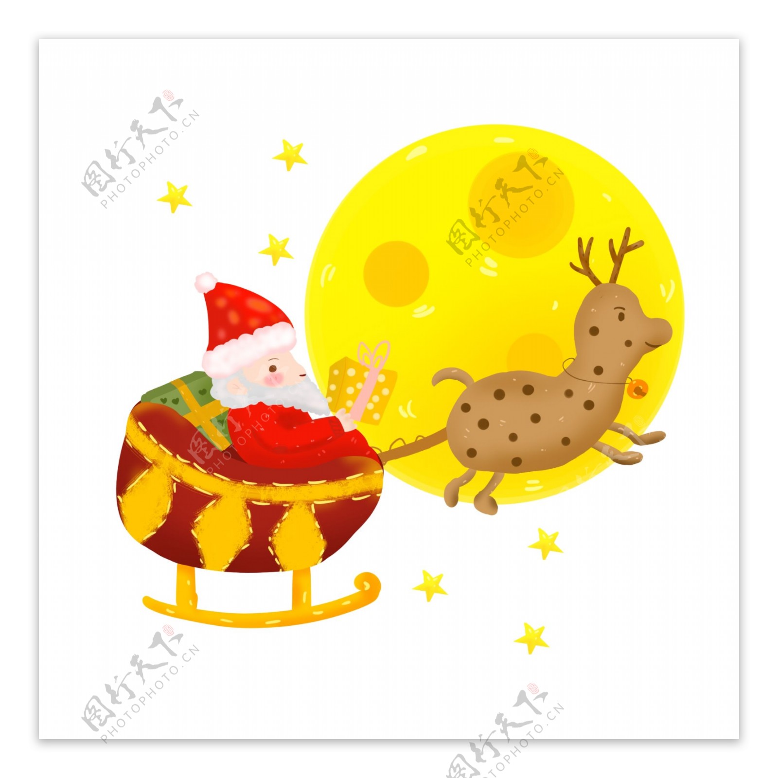 圣诞节圣诞老人麋鹿月亮车子星星手绘可商用