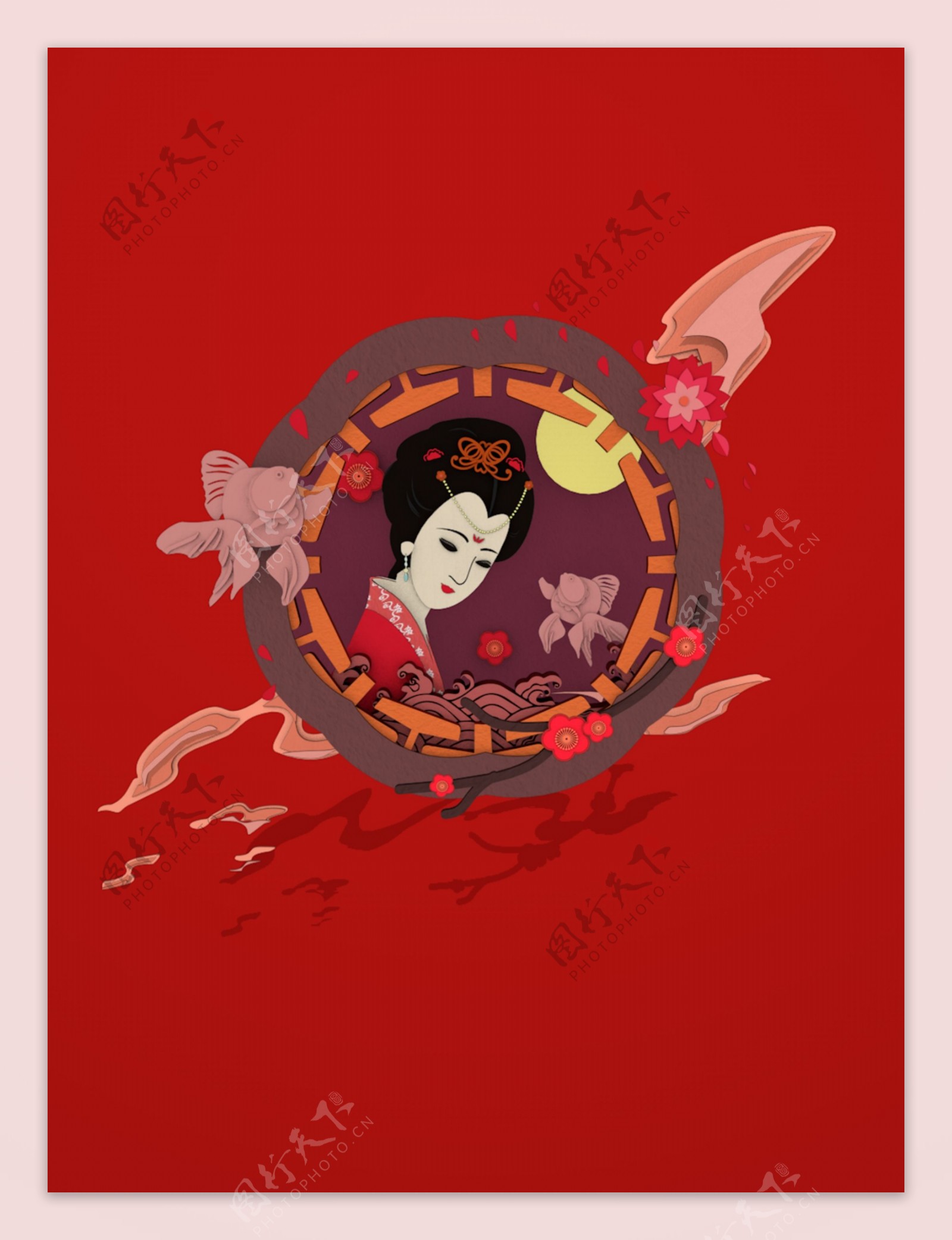 中国剪纸风橱窗红色女性民国复古节日双11