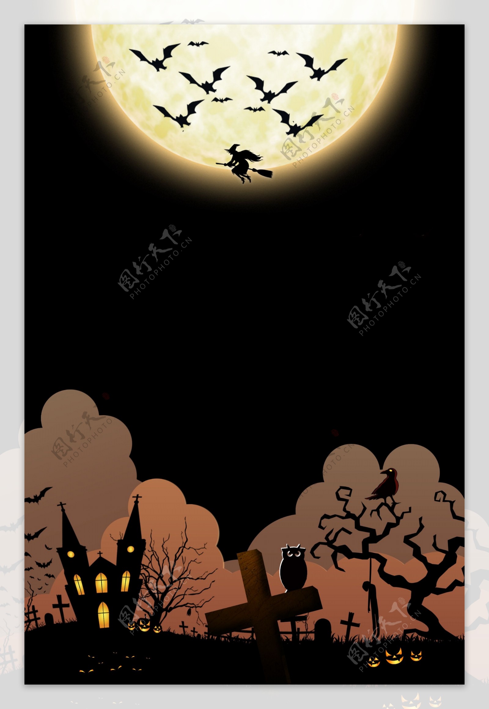 蝙蝠圆月下的鬼屋猫头鹰万圣节背景素材