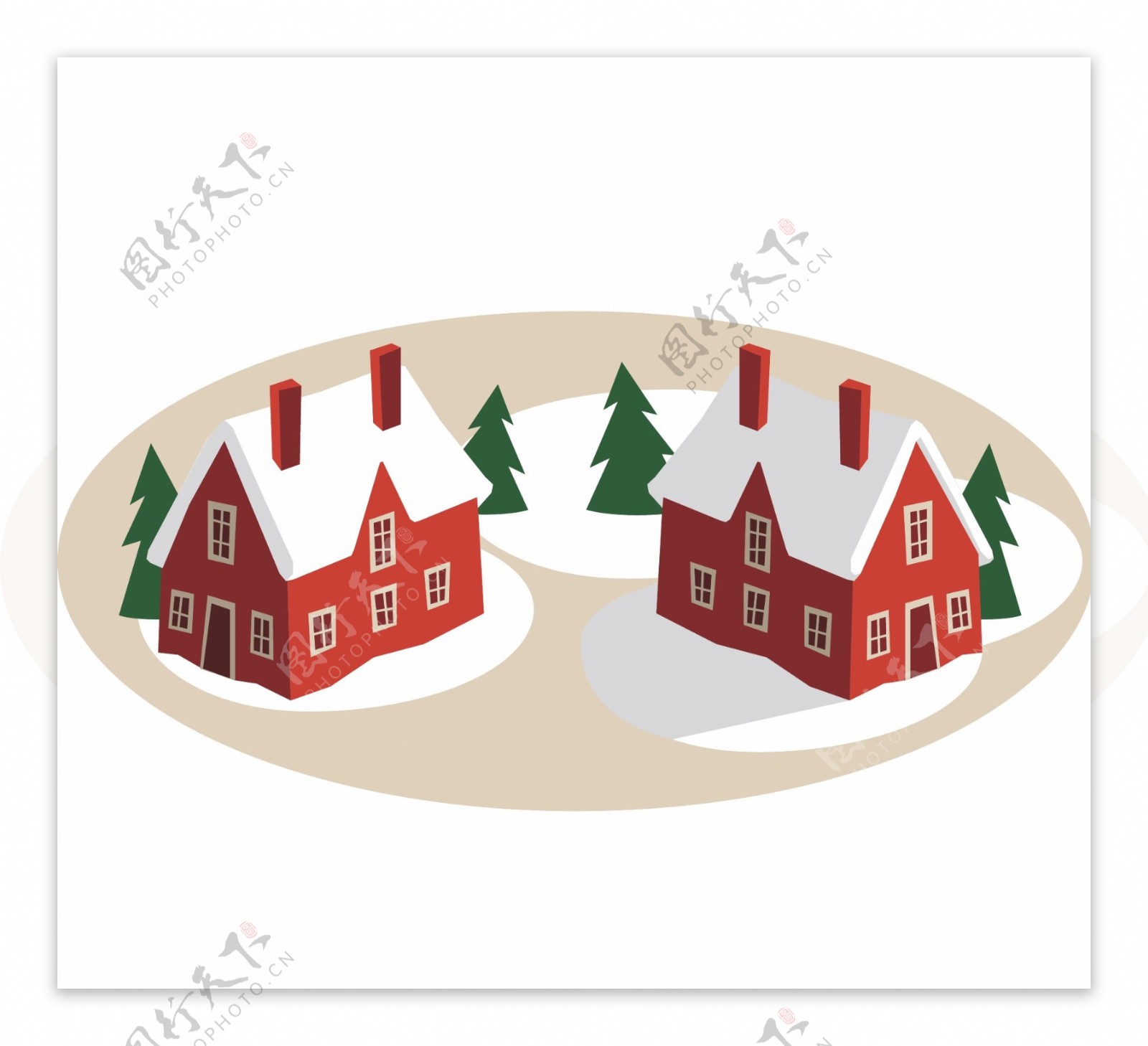 圣诞元素圣诞树与雪房子矢量素材