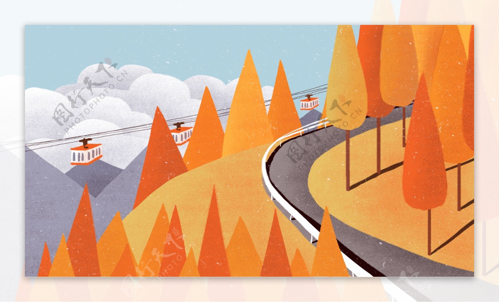 秋季山路弯道卡通背景设计