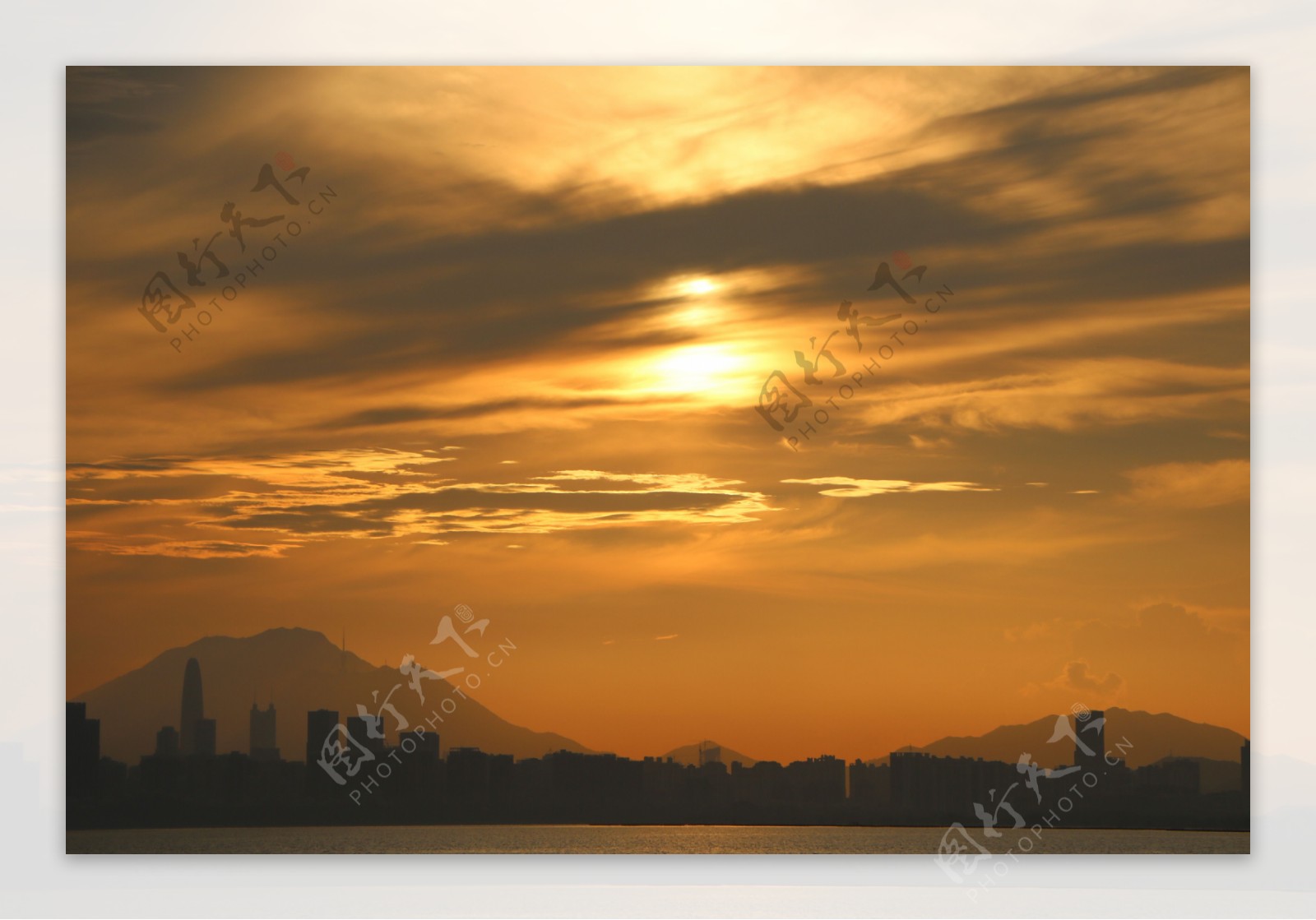 大气落日余晖海边城市夕阳背景图