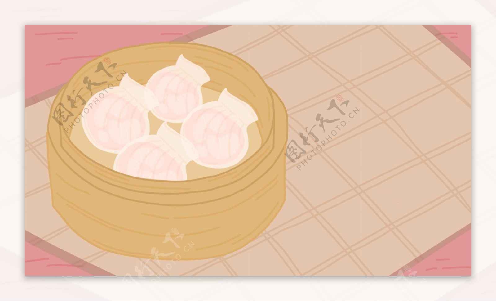 桌子上的一笼屉虾饺卡通背景