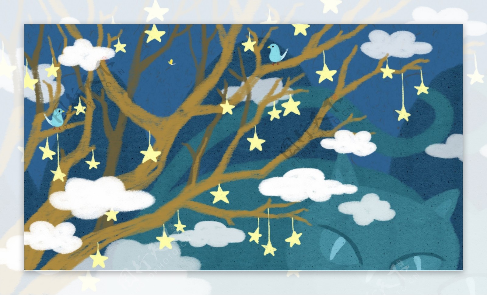 大树枝杆上挂着的星星蓝天背景