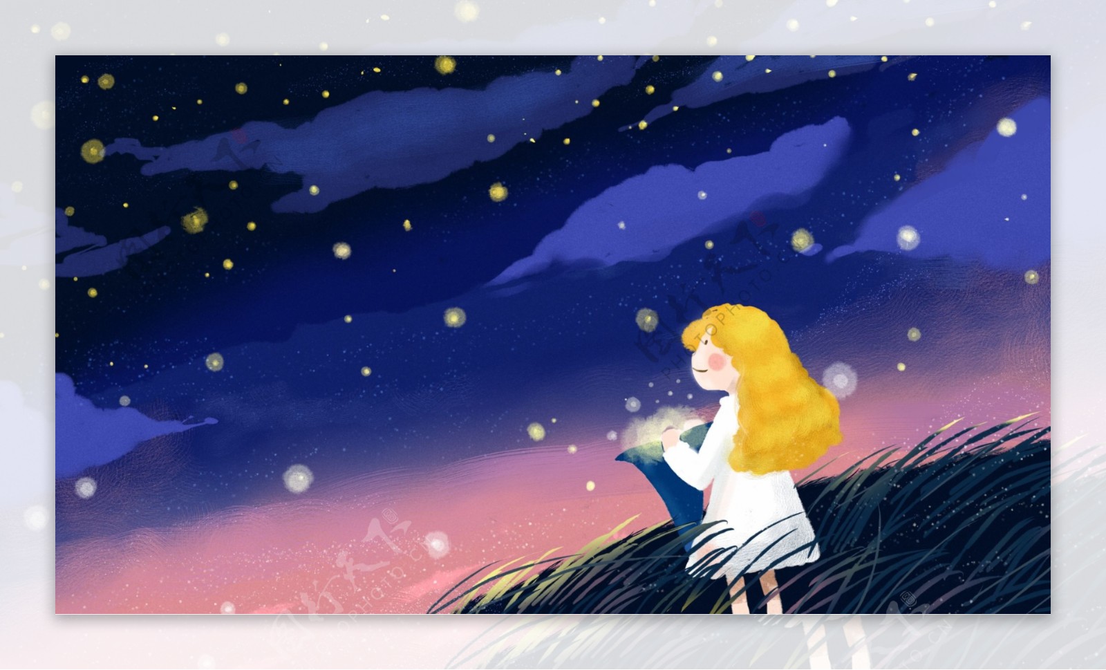 星空的草地上抱着抱枕的卡通小女孩背景