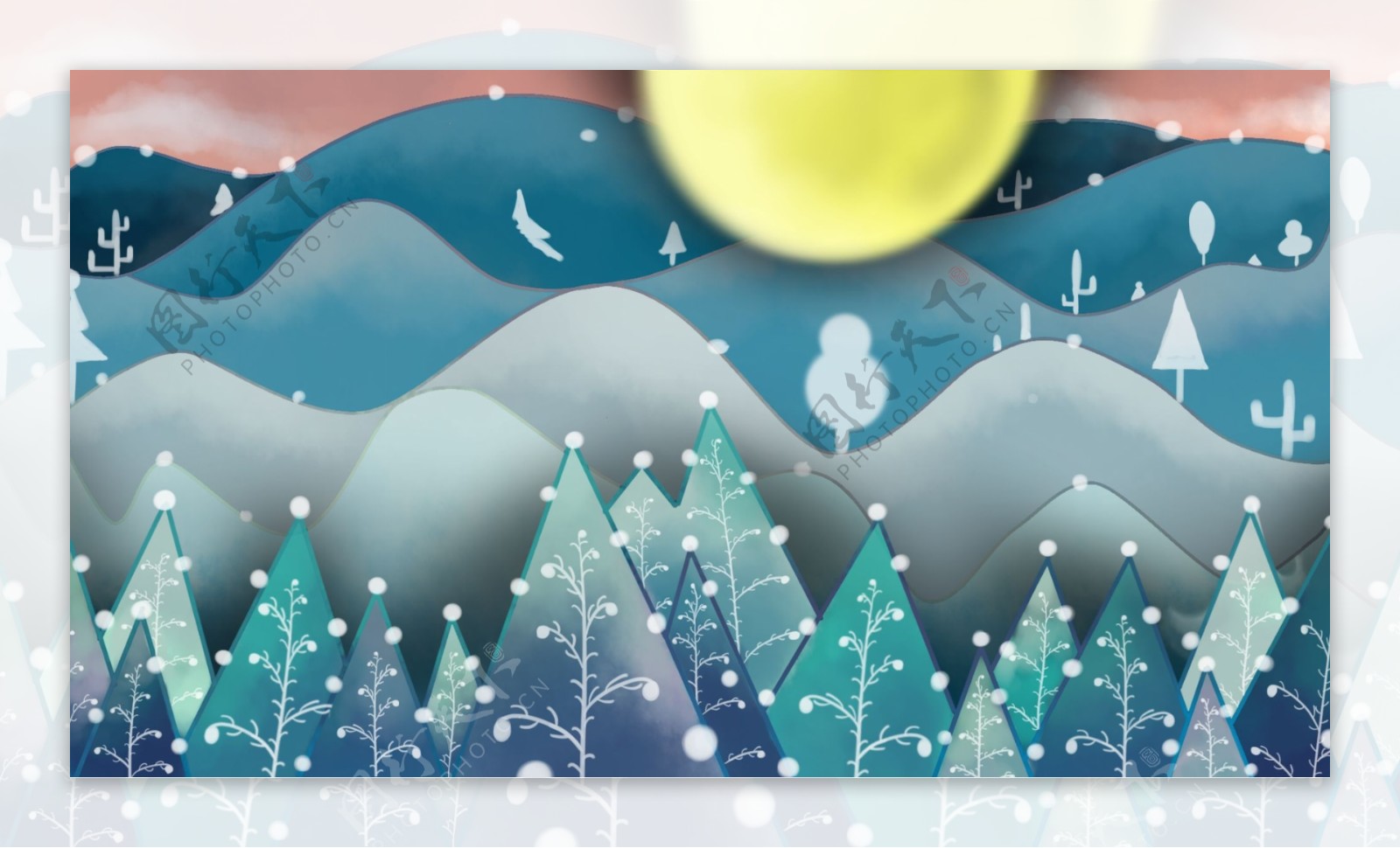 蓝色山峰树木月亮卡通背景