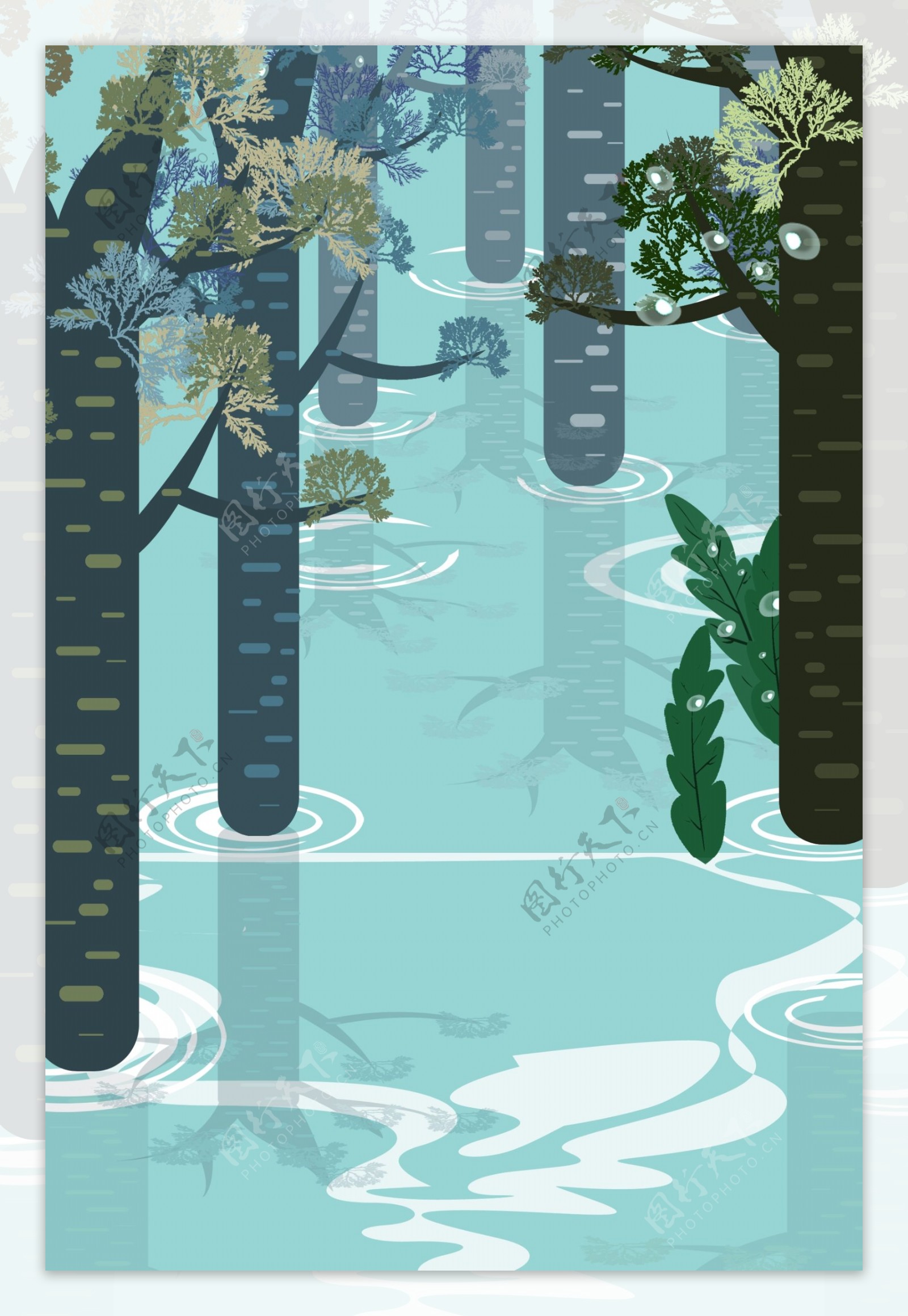 抽象水上树林寒露节气海报背景素材