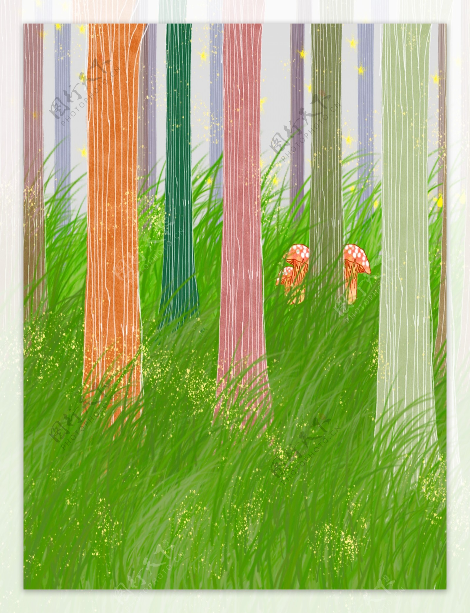 手绘卡通童趣彩色的树林广告背景