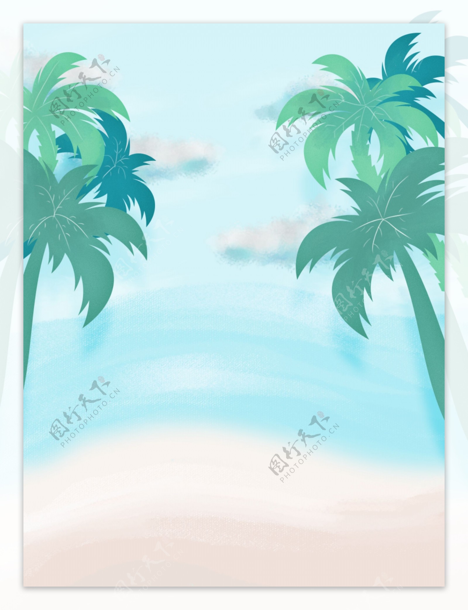 全原创小清新沙滩海边椰树蓝天白云背景