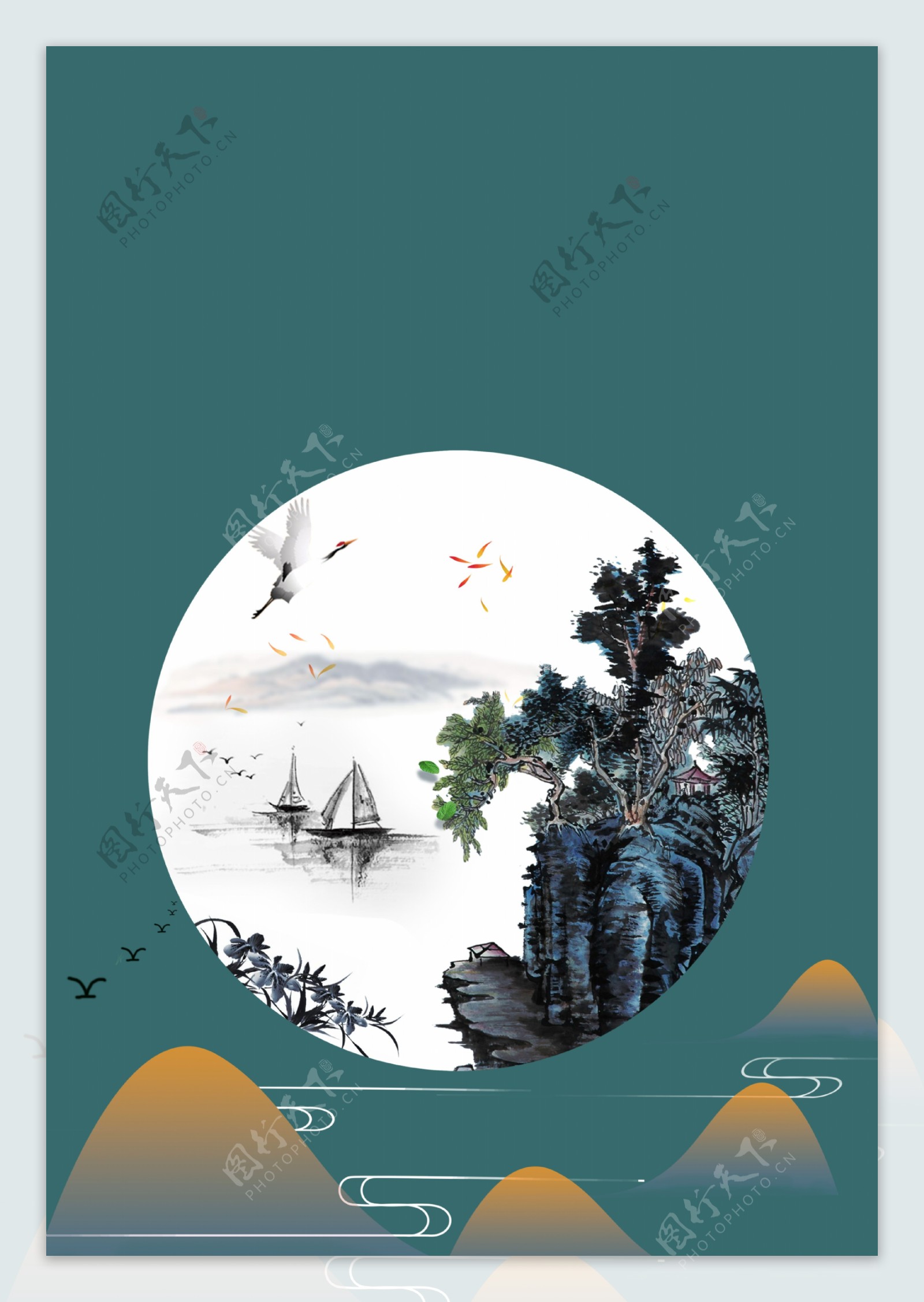古风圆月高山帆船重阳节海报背景素材