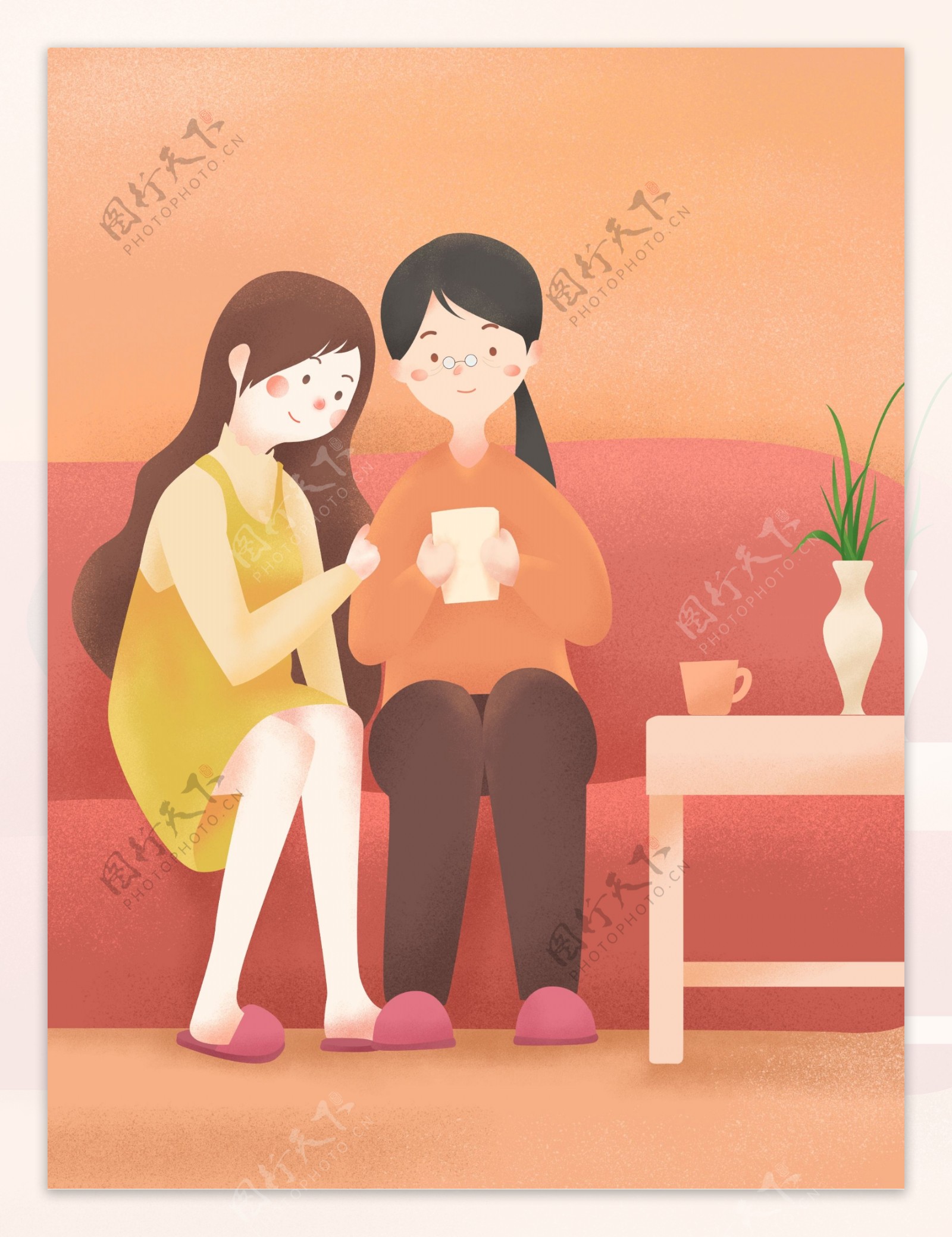 坐在沙发上一起看手机的母女母亲节海报背景