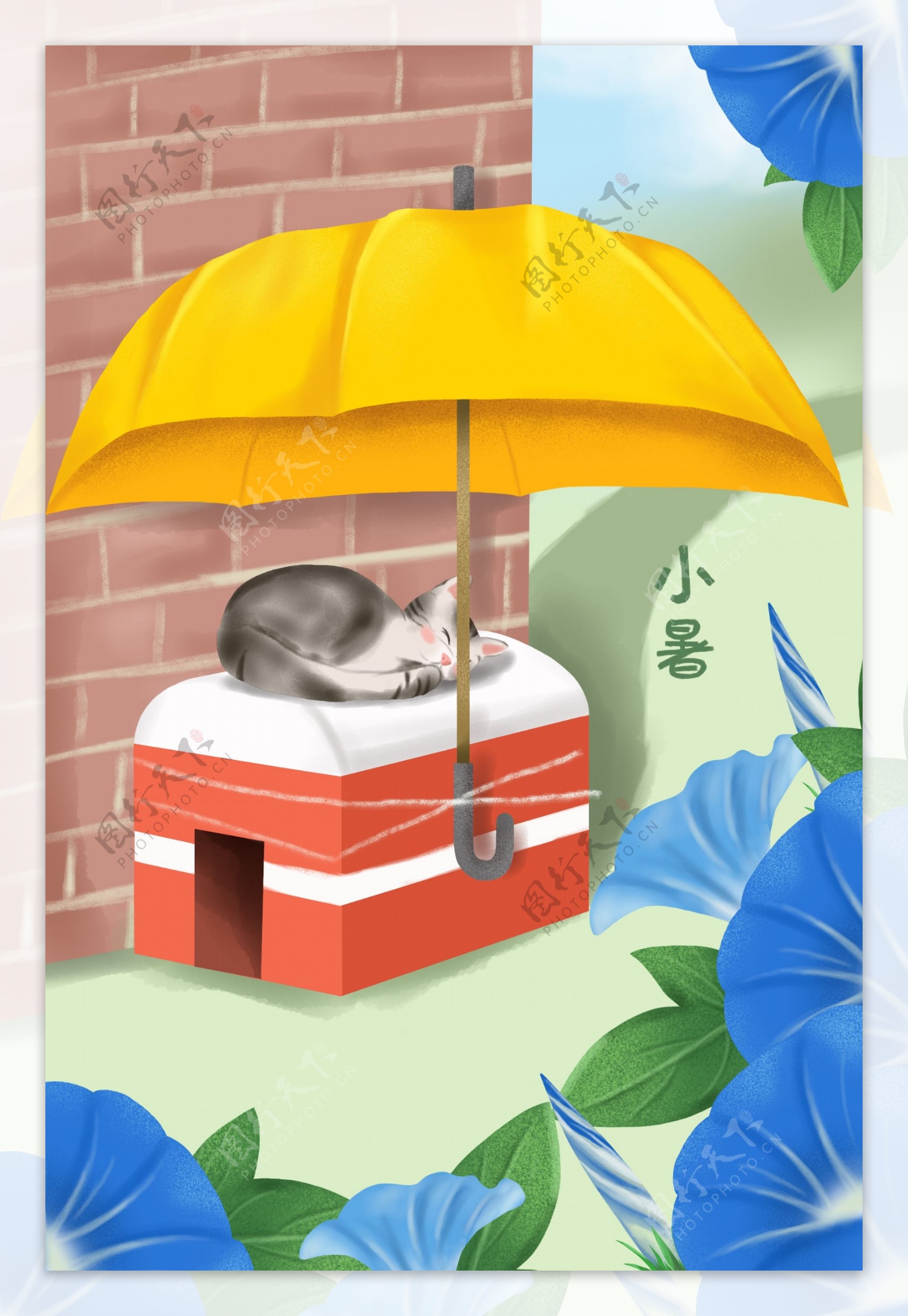 小暑节气伞下小猫海报背景设计