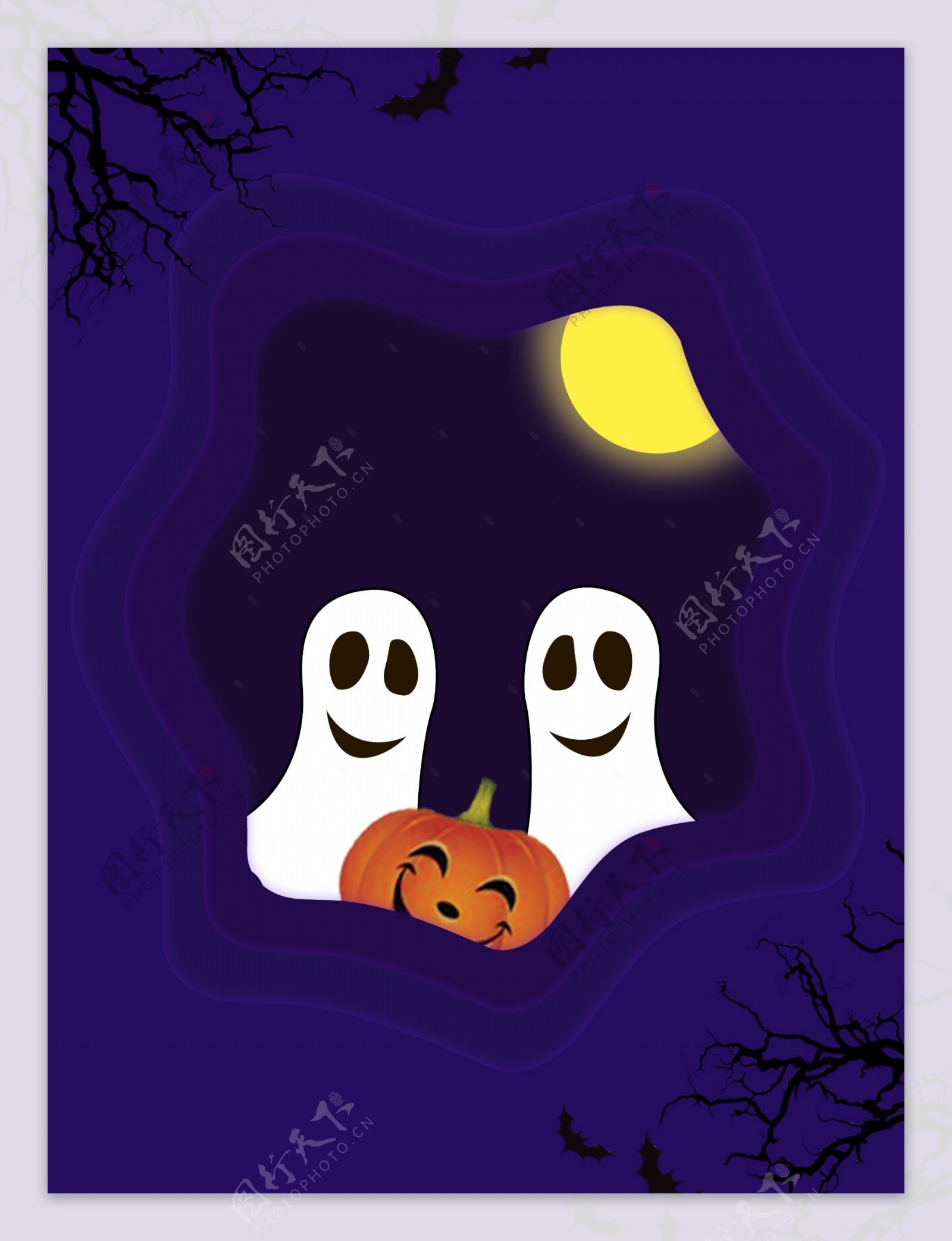 万圣节紫色海报背景南瓜幽灵树枝蝙蝠剪纸