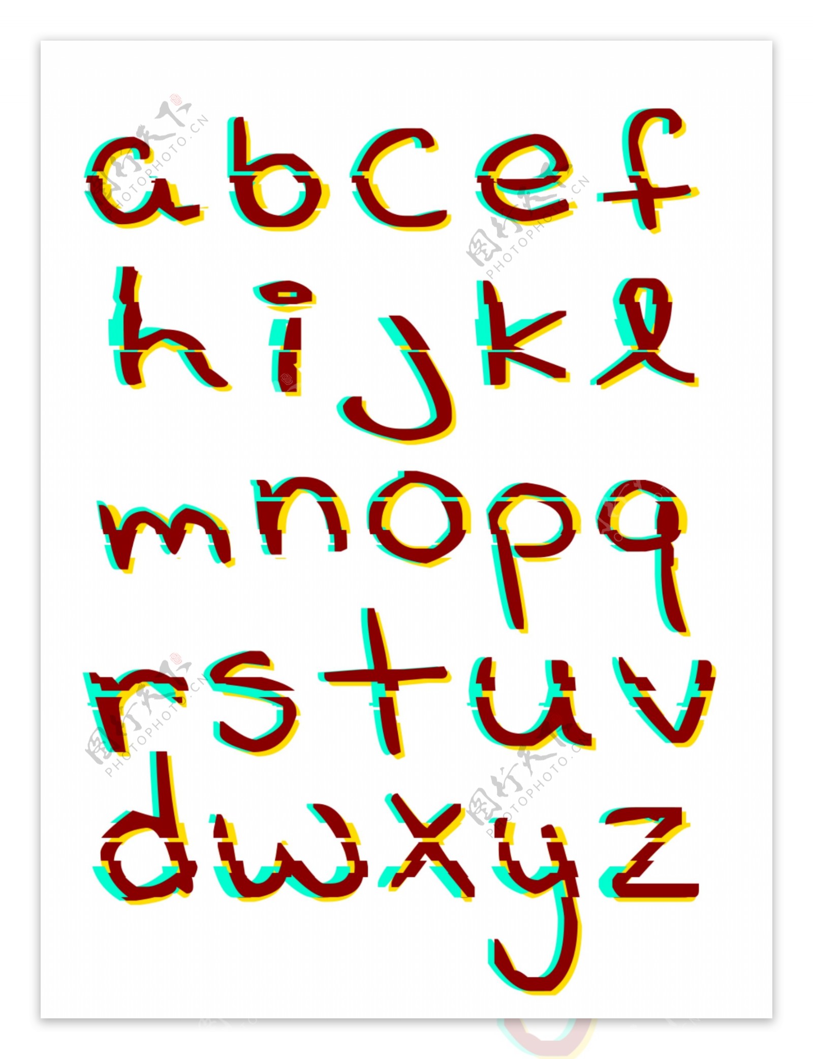 二十六字母小写创意色彩叠加故障风可商用