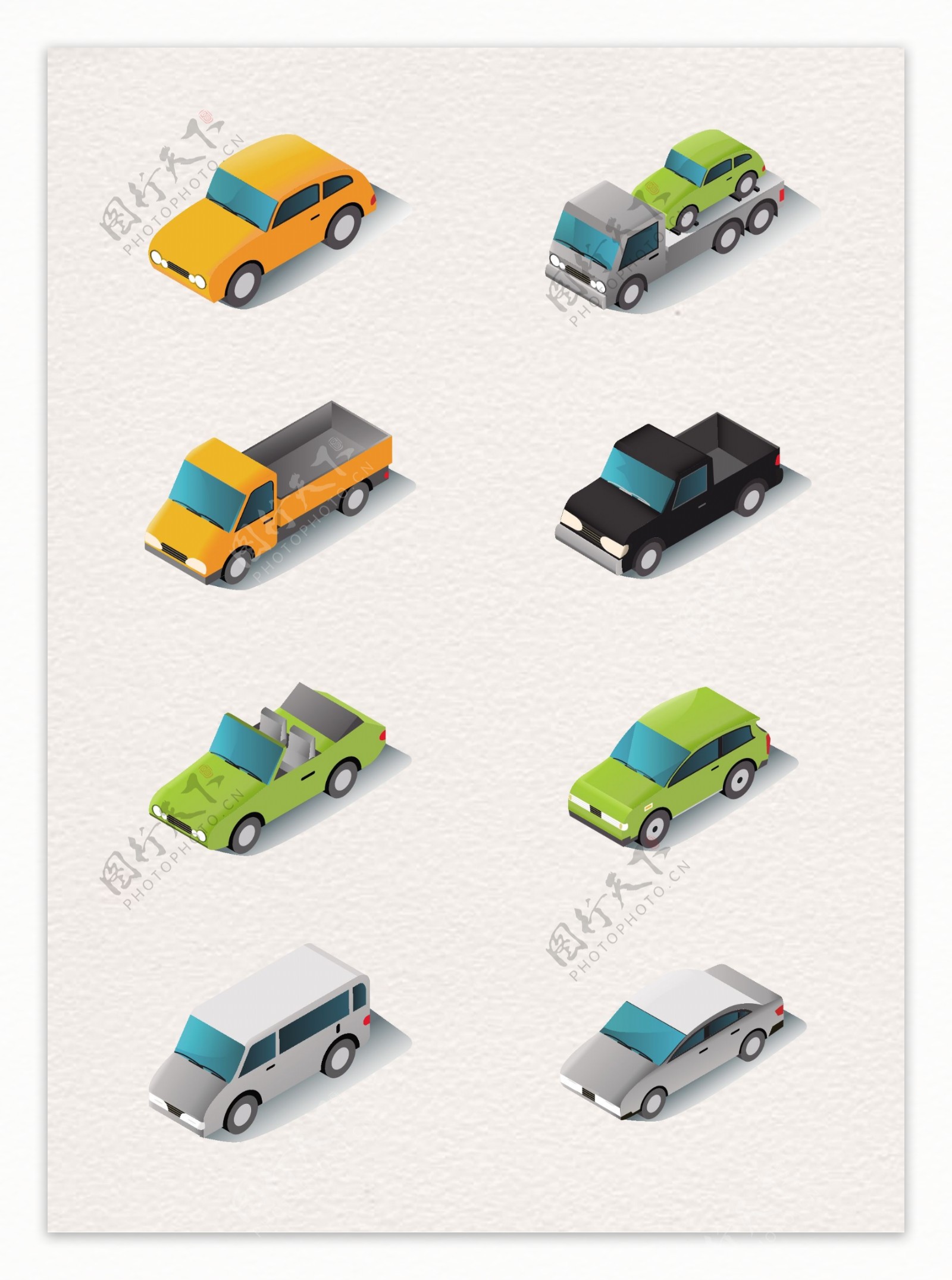 8款卡通立体汽车模型图标设计