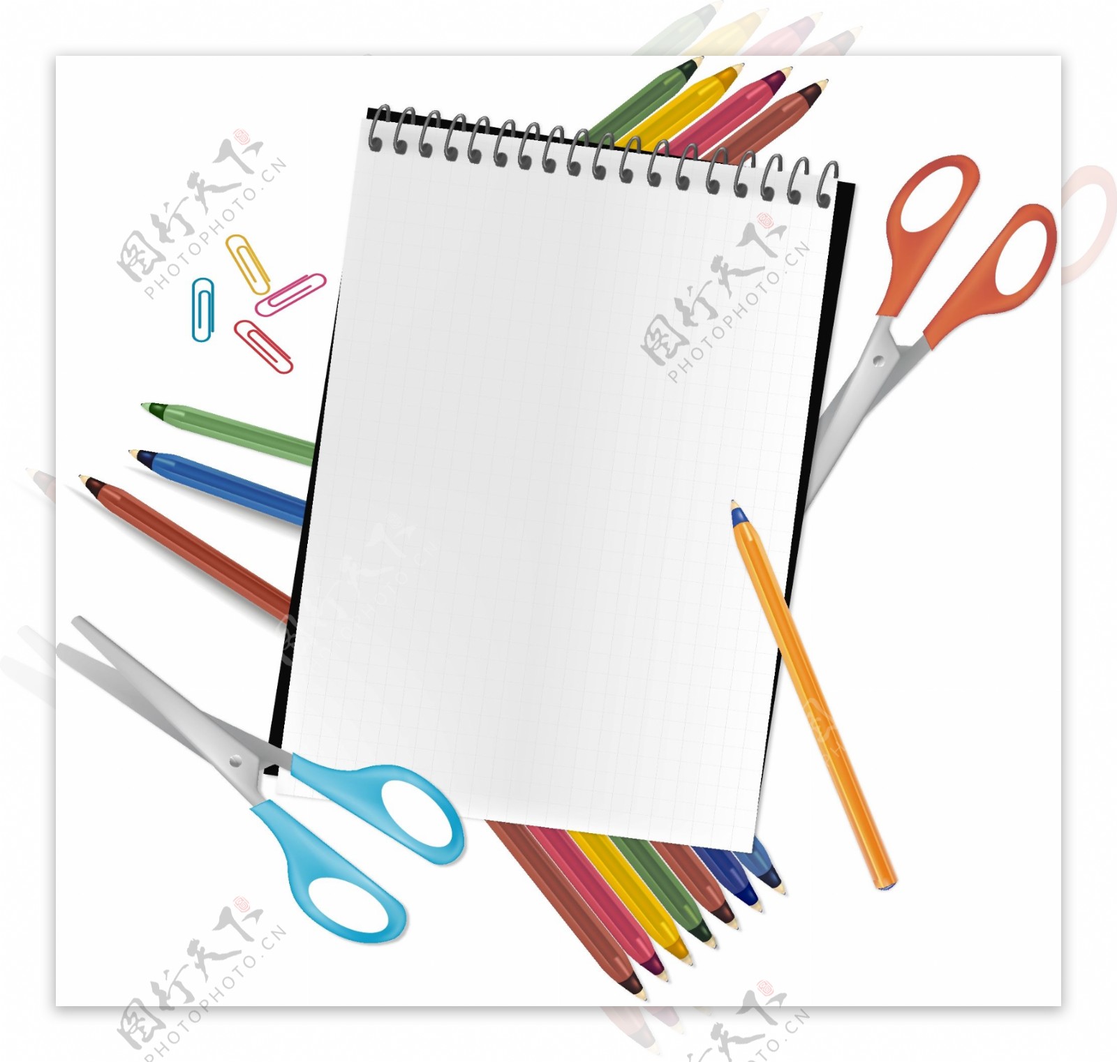 彩色铅笔剪刀与记事本矢量图