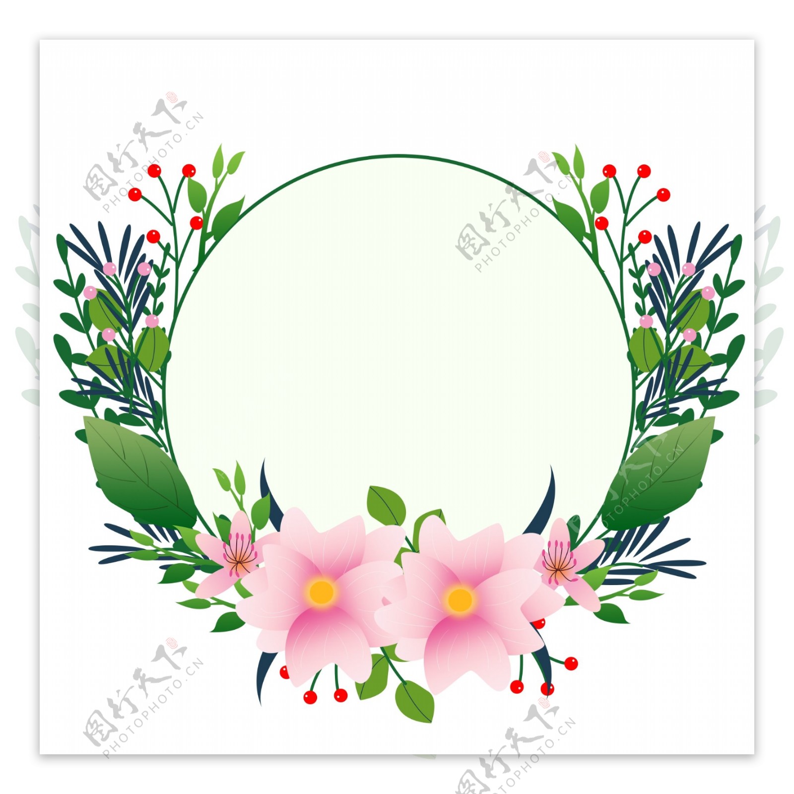 手绘绿色花卉圆形边框设计元素