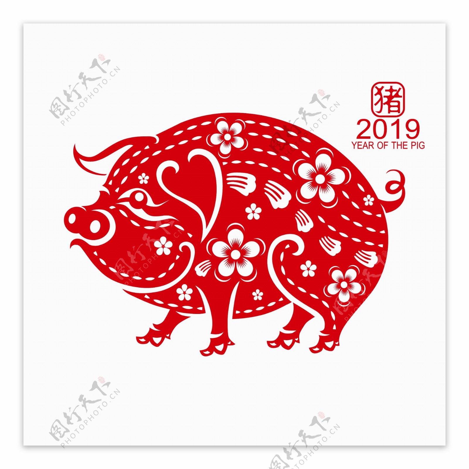 手绘红色创意猪剪纸插画设计