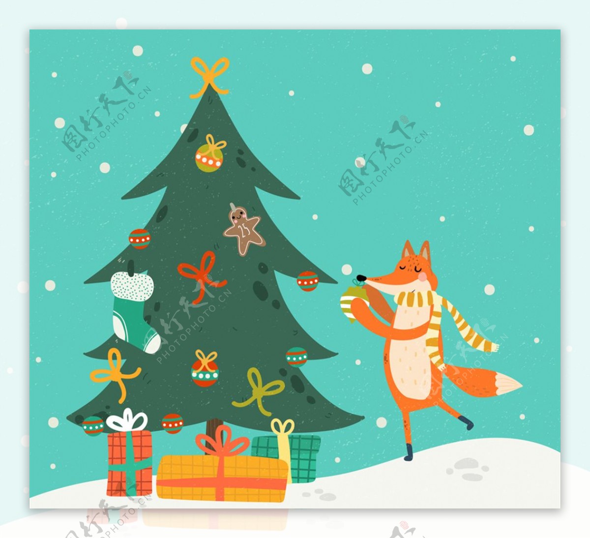 彩绘装扮圣诞树的狐狸矢量图