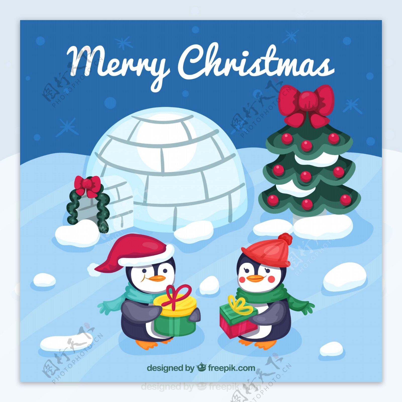 卡通过圣诞节的企鹅