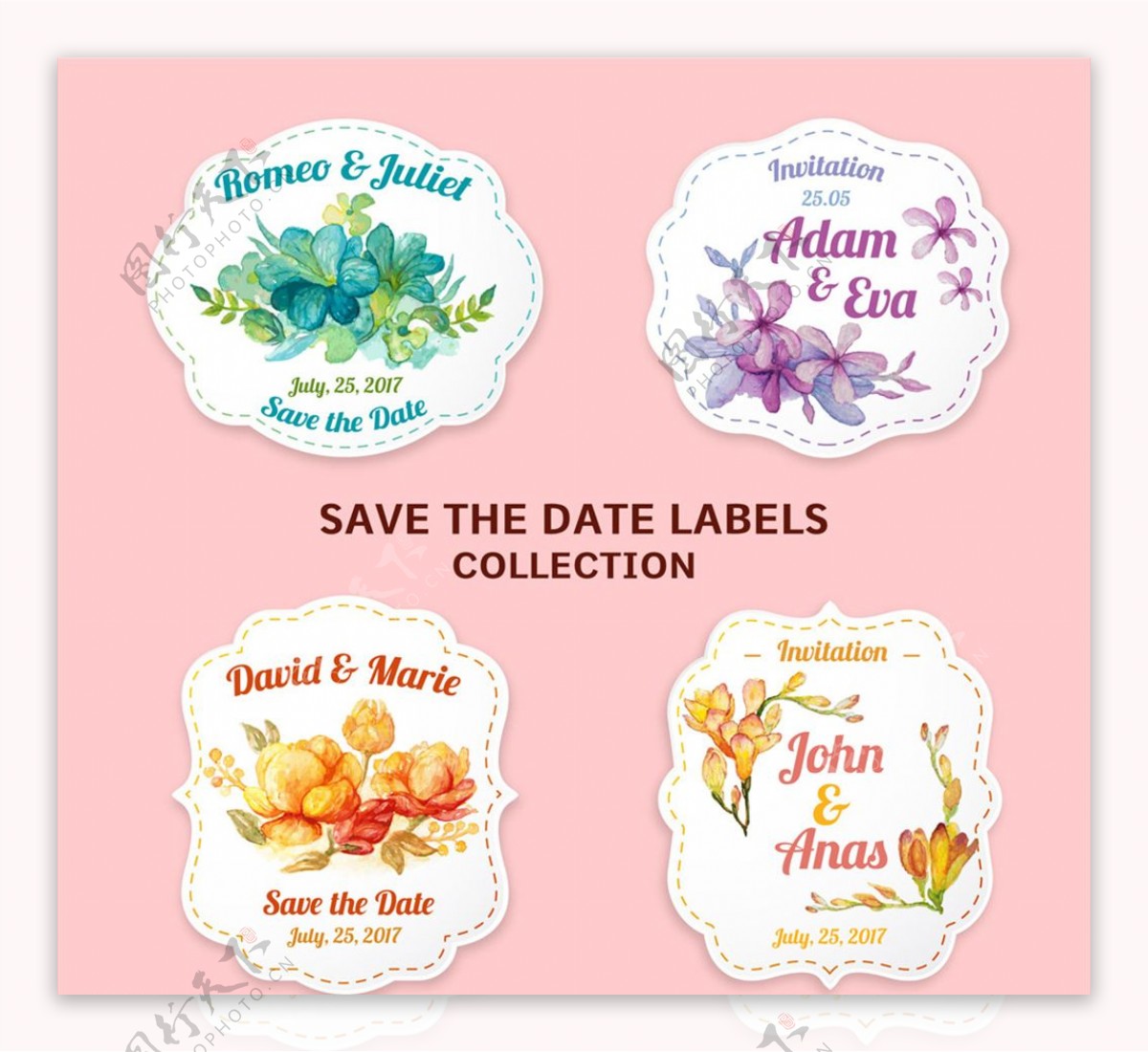 4款水彩绘花卉婚礼标签矢量图