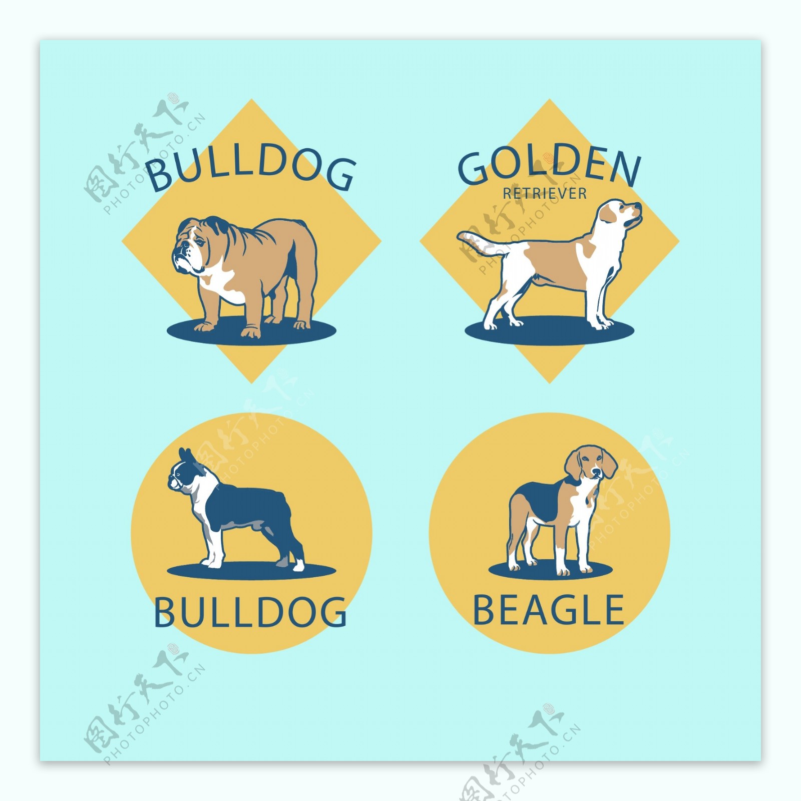 4款彩绘宠物狗标签矢量素材