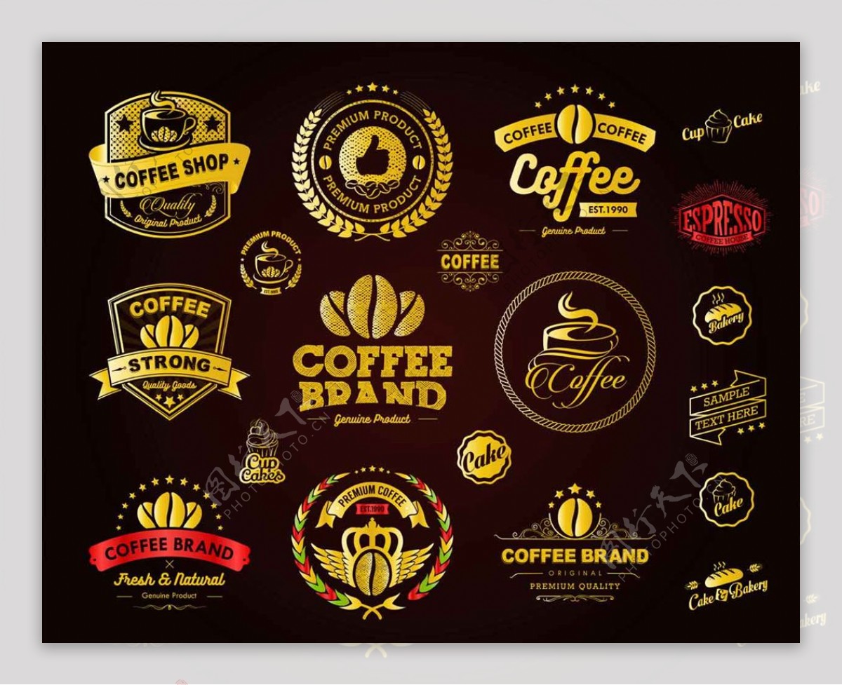 金色咖啡杯标志徽章标签