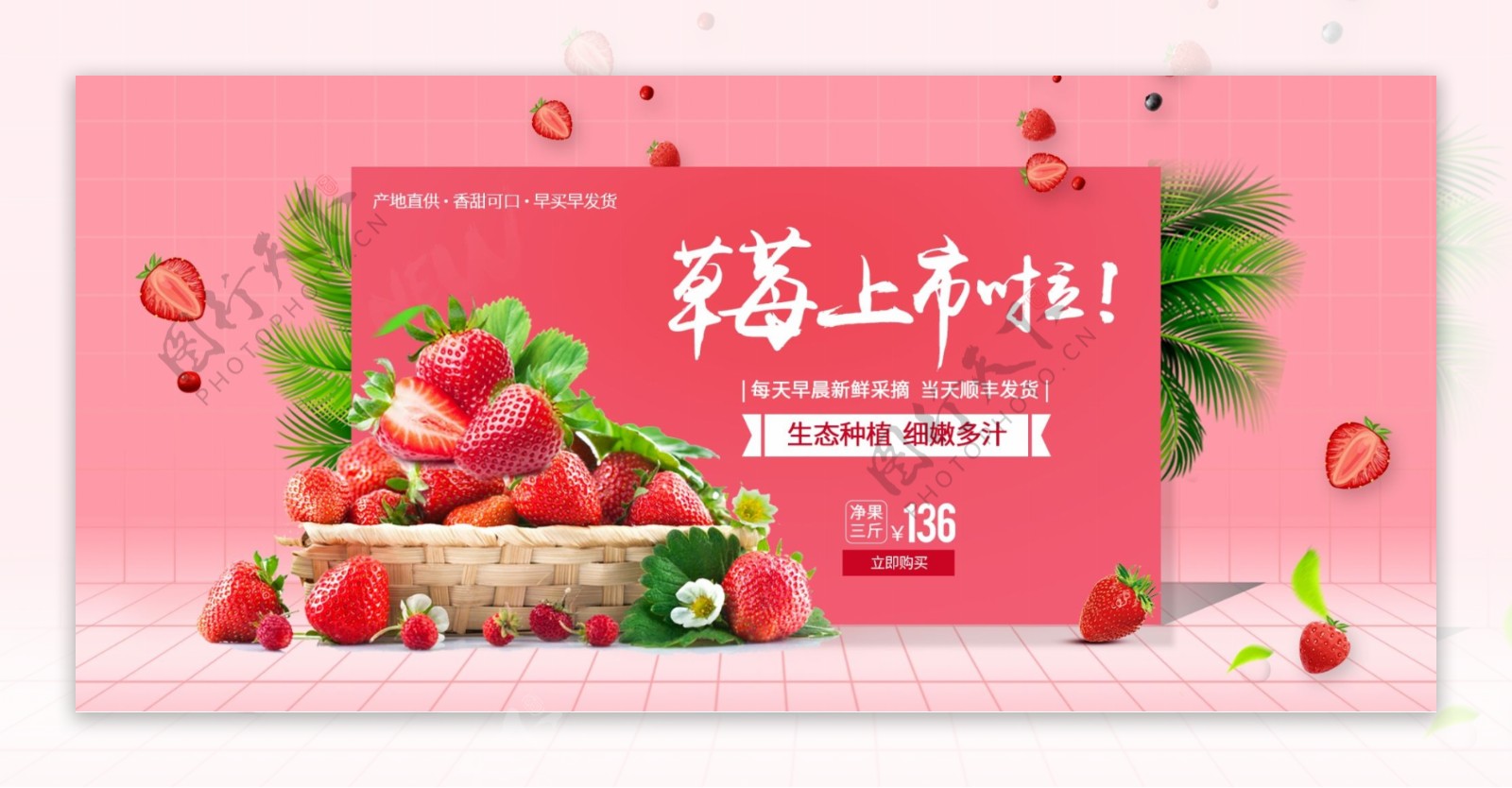 新鲜奶油草莓上市啦促销海报