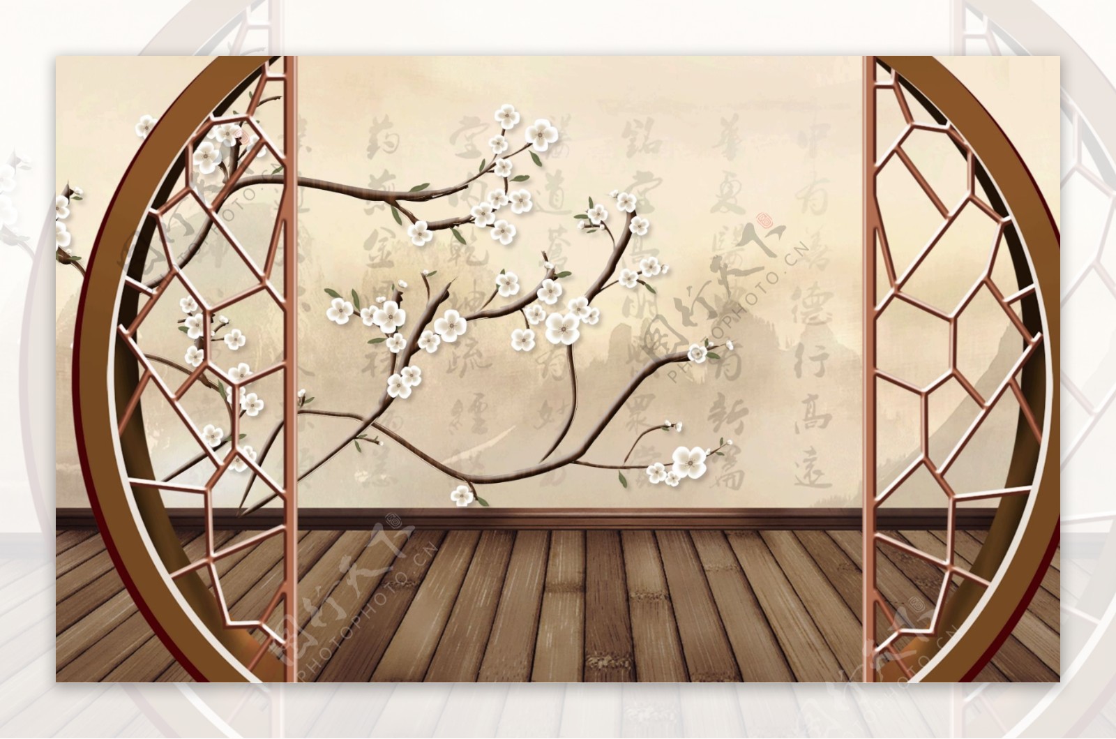 新中式浮雕梅花花鸟背景墙