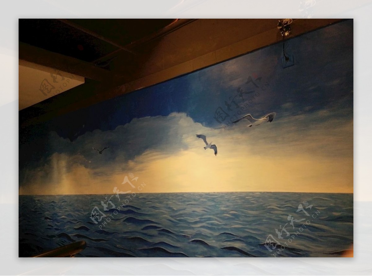 手绘墙海鲜餐厅3D画墙绘