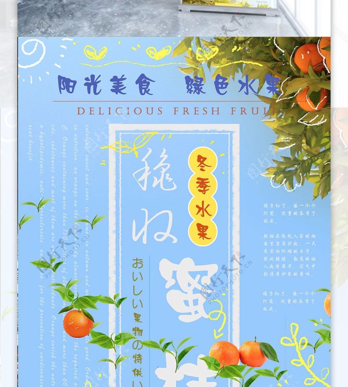 冬季水果清新蜜桔易拉宝促销海报