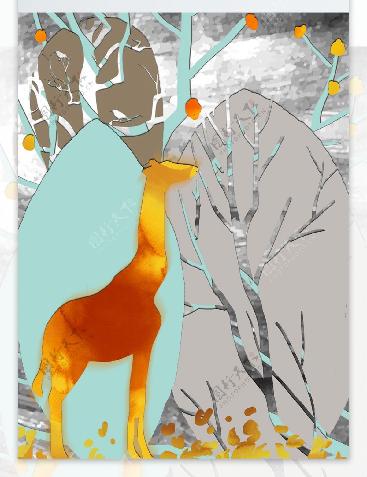 现代简约橘色长颈鹿客厅装饰画