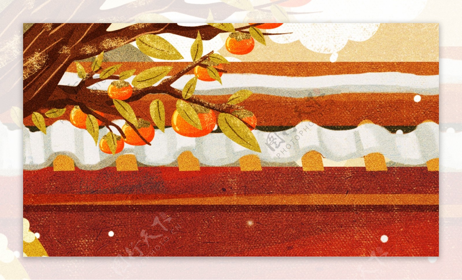 秋季质感屋檐柿子树背景设计