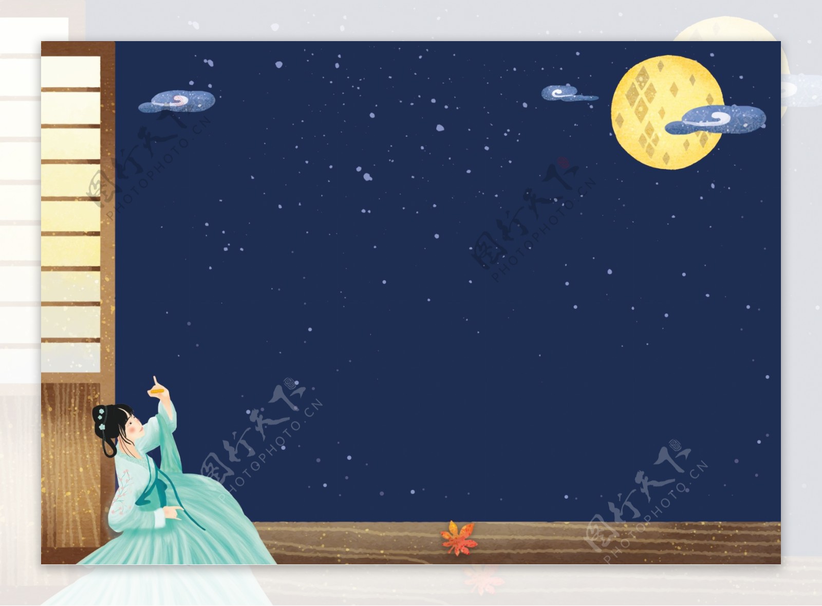 倚门而坐观月的古代女子卡通背景