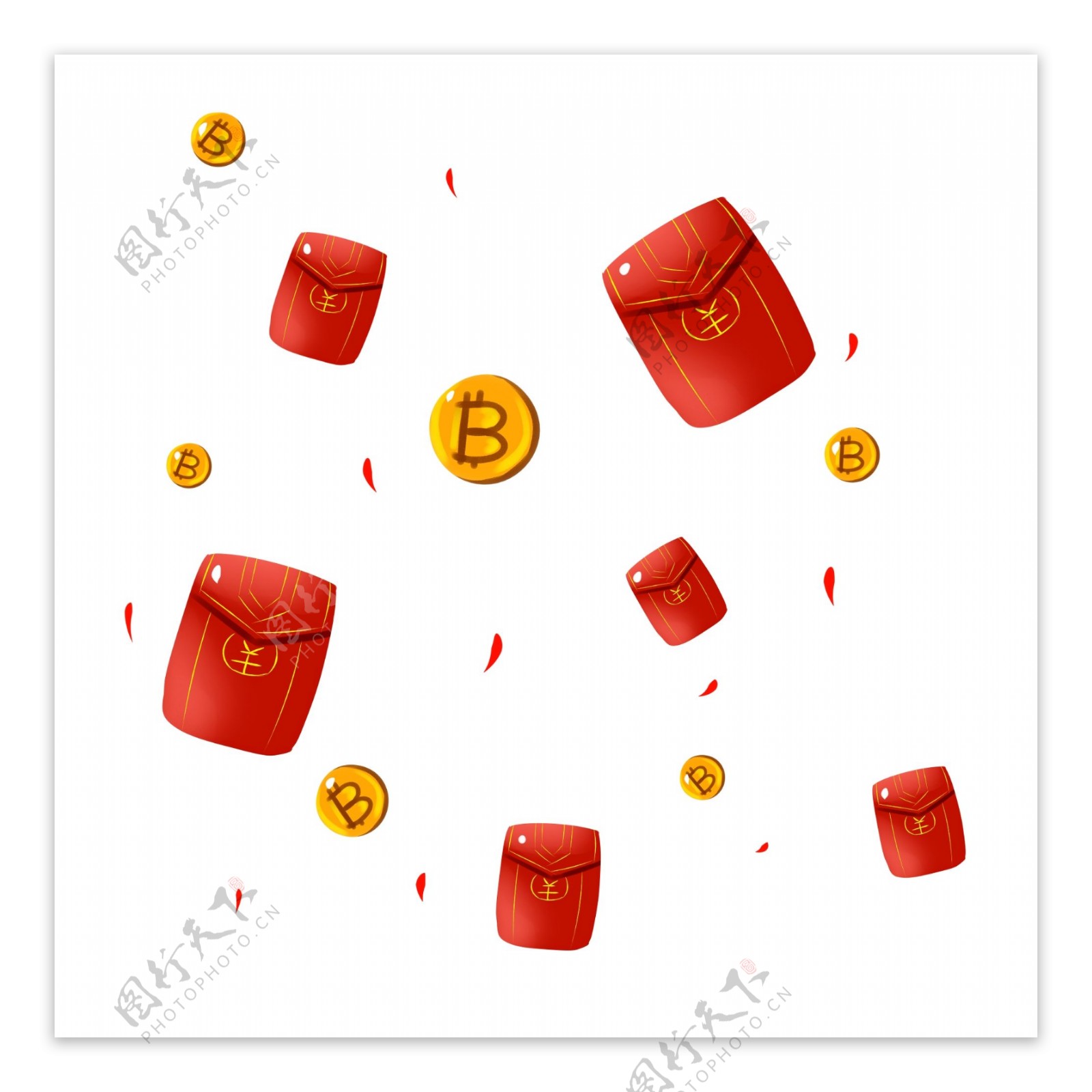 商用手绘漂浮理财红包比特币元素
