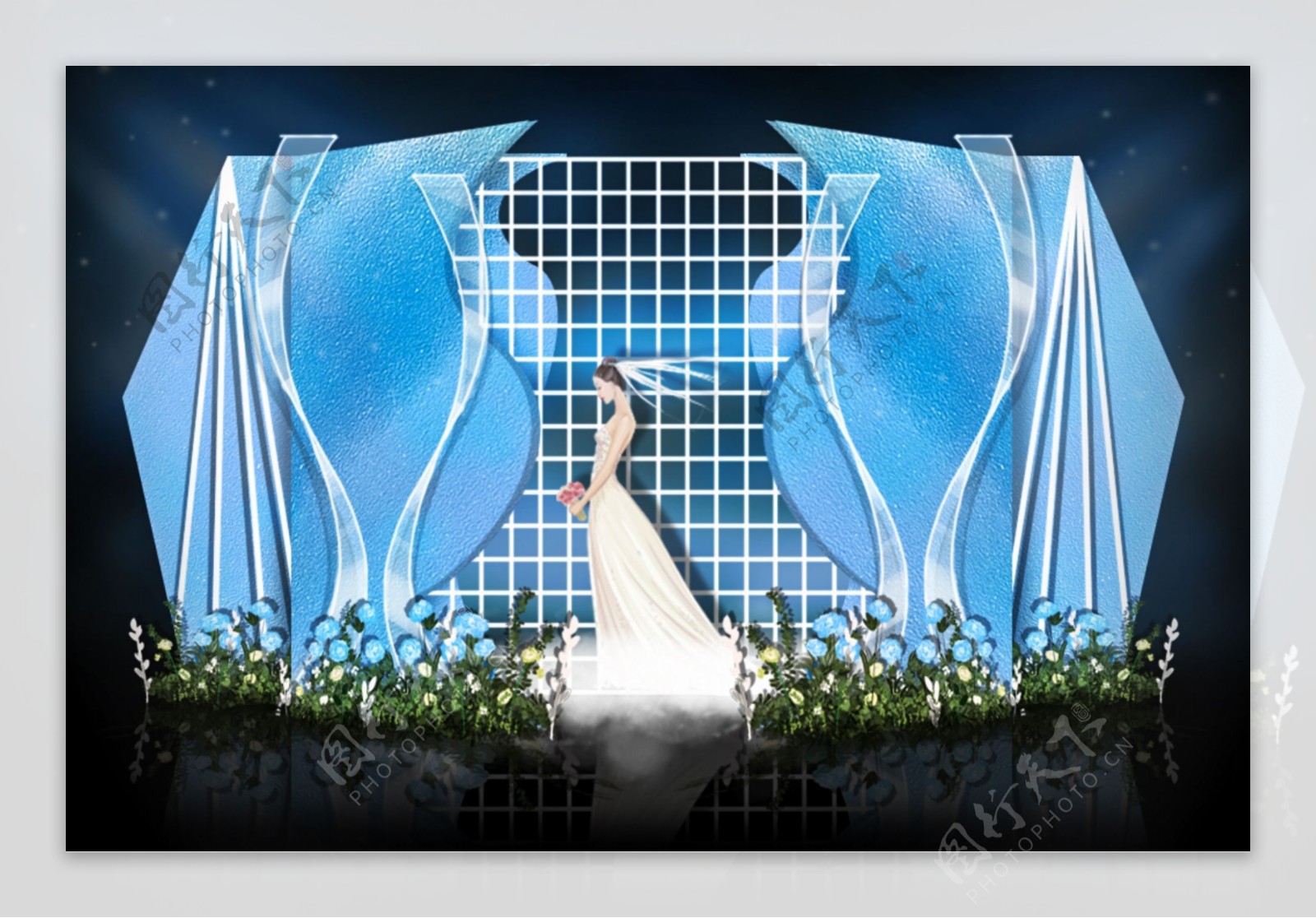 蓝色曲线玻璃网格婚礼效果图
