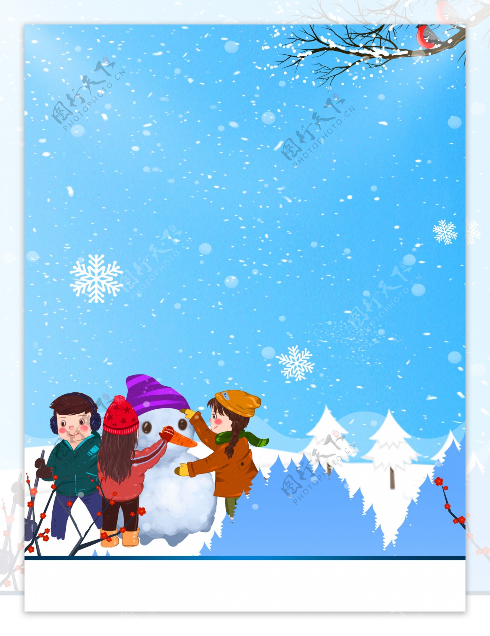 冬季雪地堆雪人的儿童背景设计