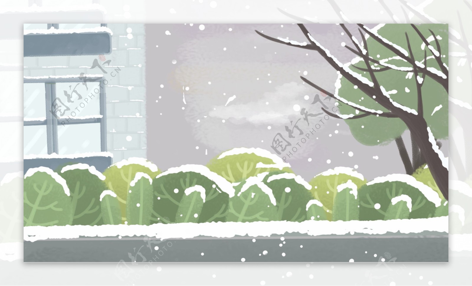 温馨冬季墙外雪景背景设计