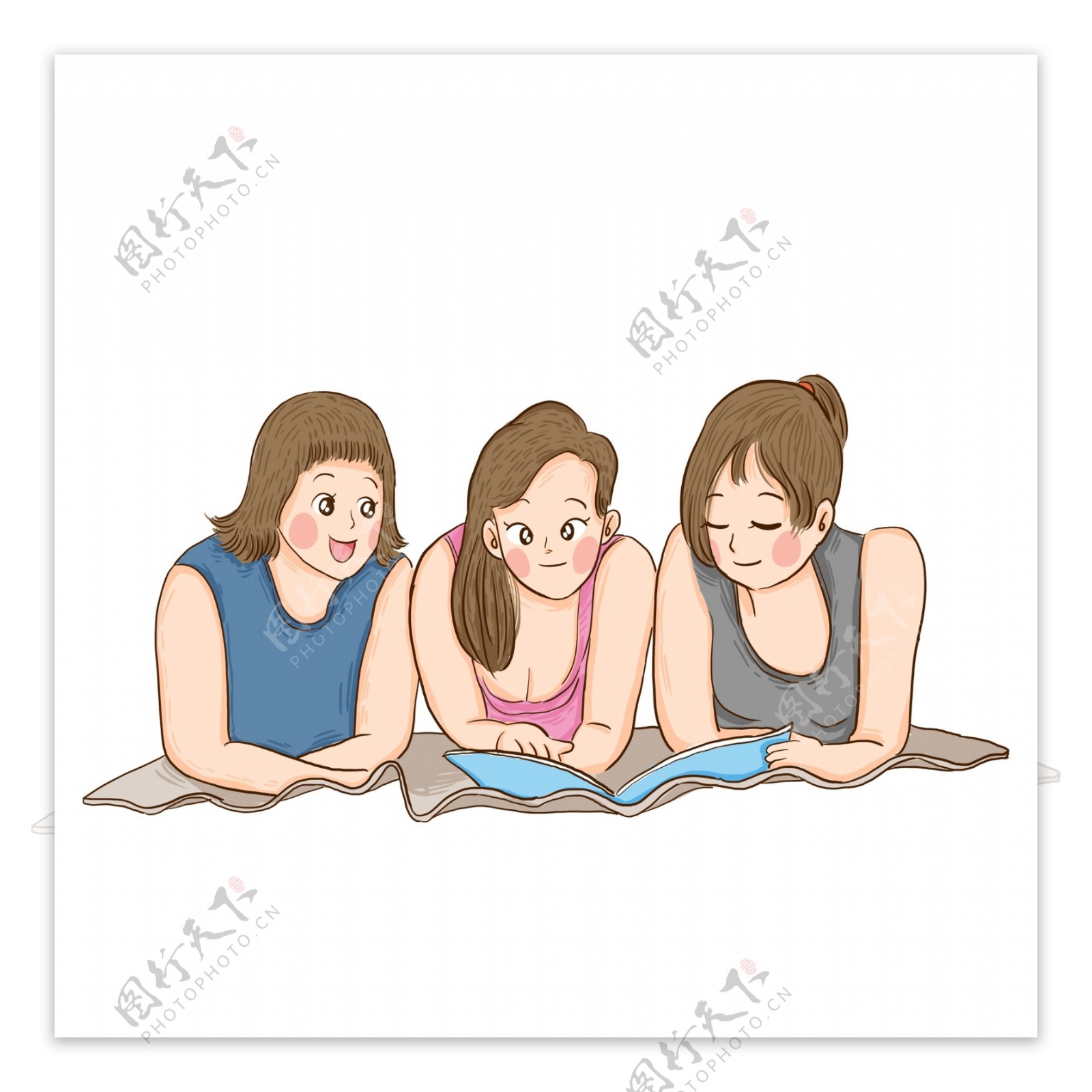 彩绘一起看书的女大学生人物设计