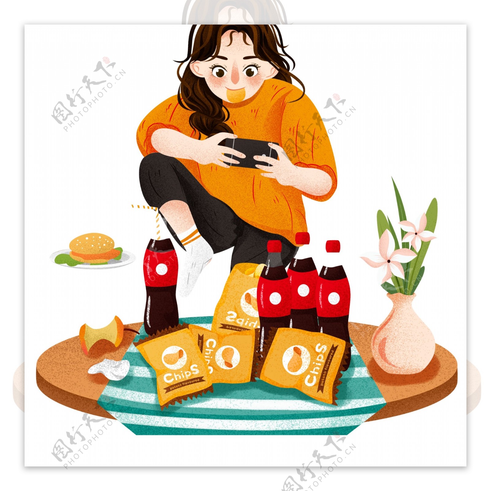 手绘女孩玩手机喝可乐吃汉堡原创元素