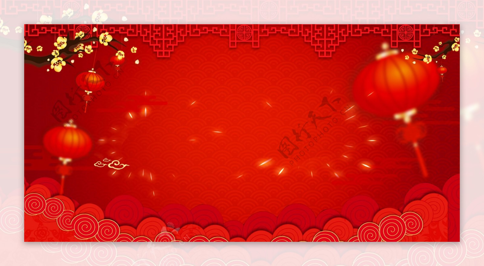红色背景中国风梅花花枝灯笼背景素材