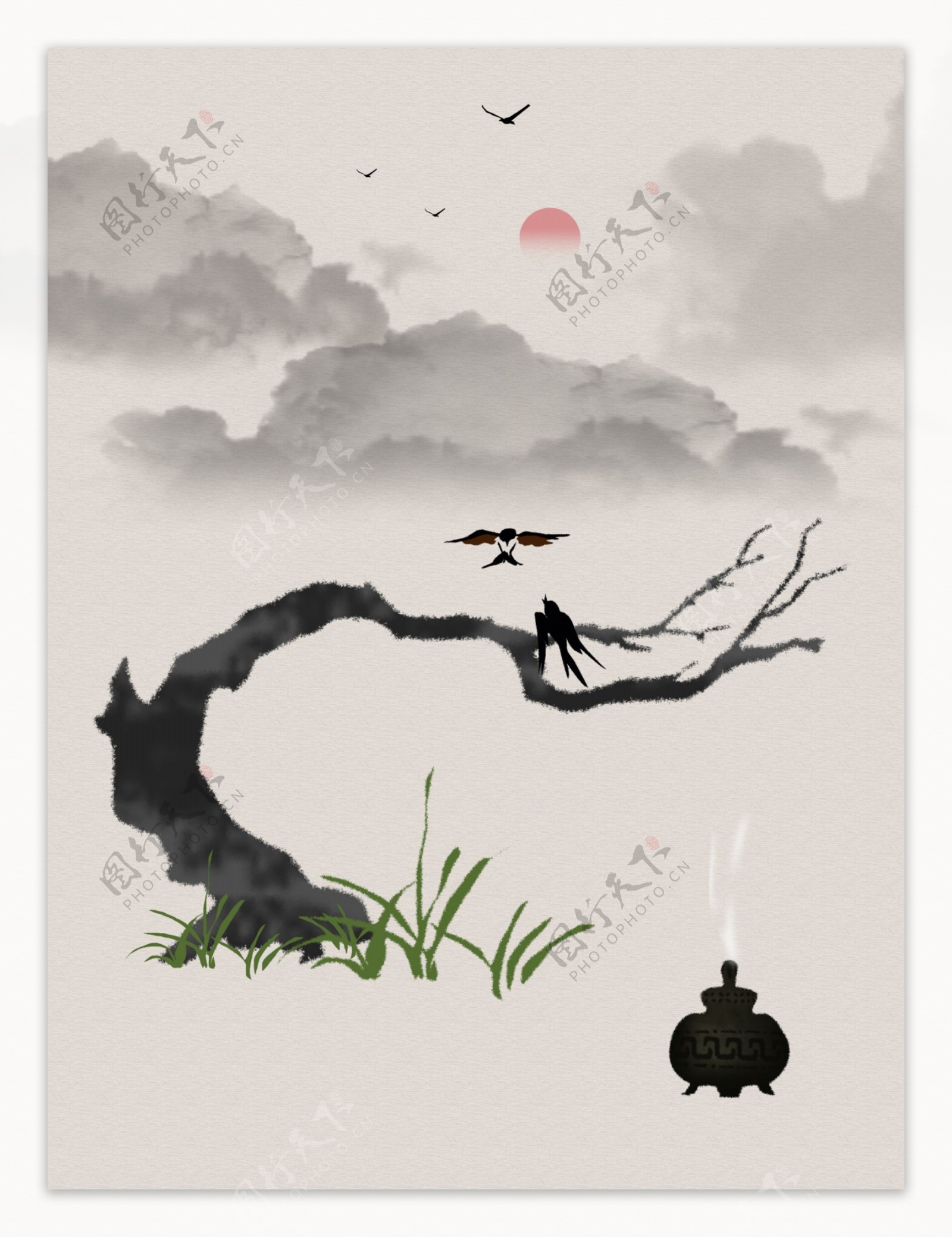 中国风枯树香炉燕子浮云客厅水墨装饰画
