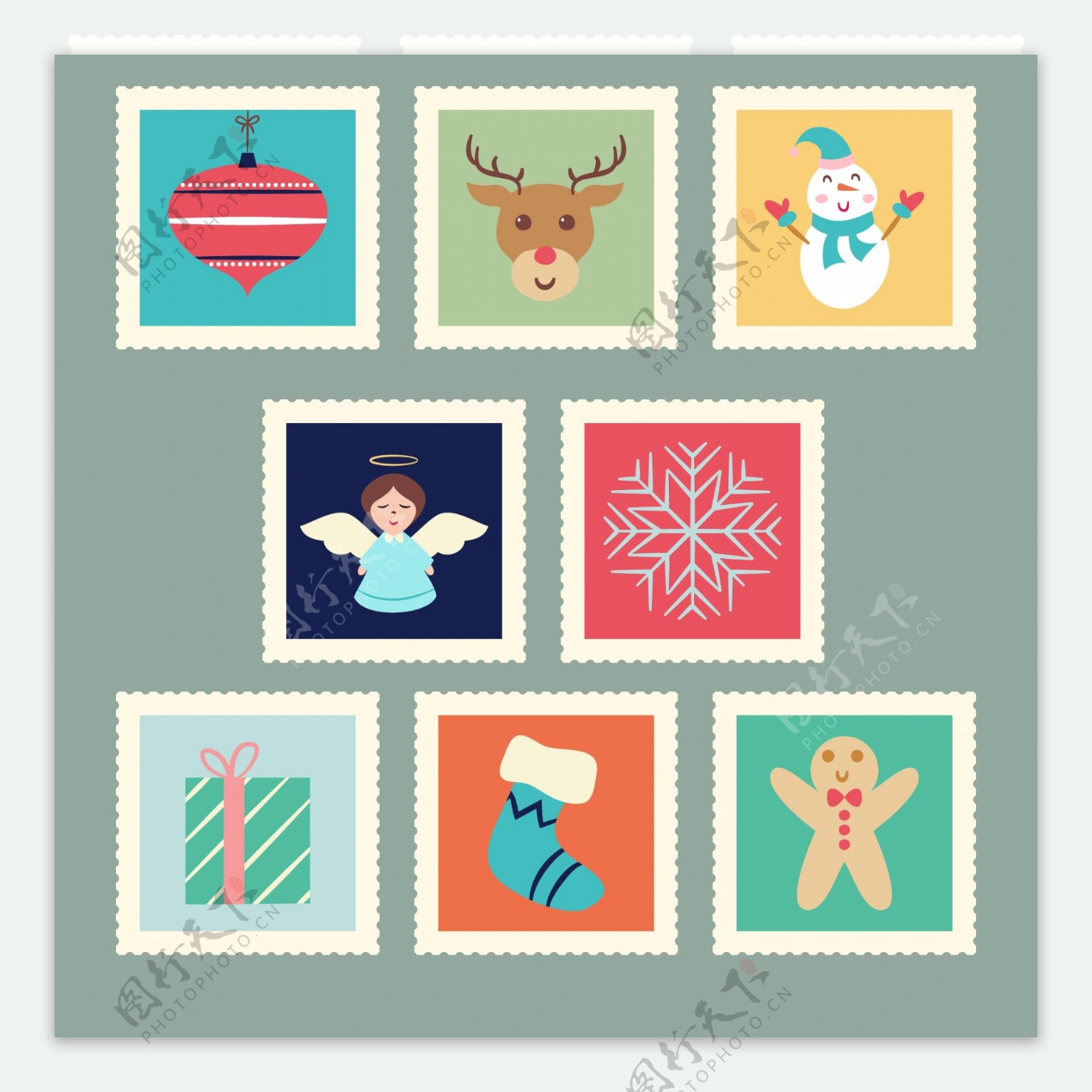 卡通图案的圣诞邮票标签