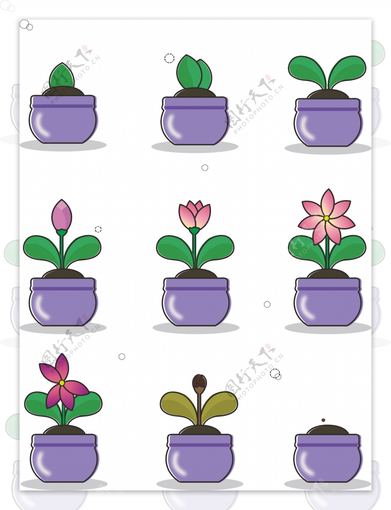 手绘风小清新卡通花朵植物生长过程元素套图