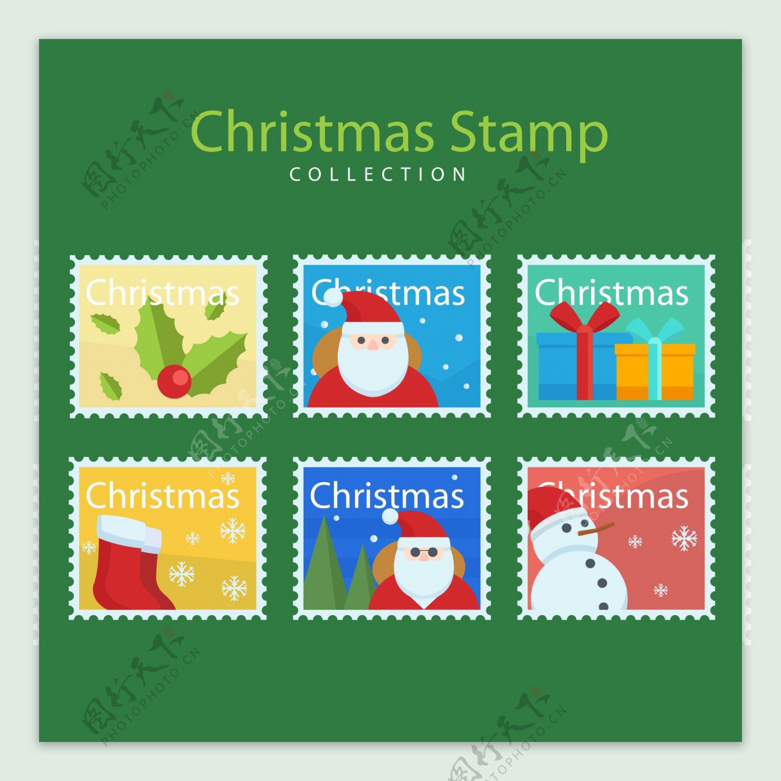 卡通图案的圣诞邮票标签素材