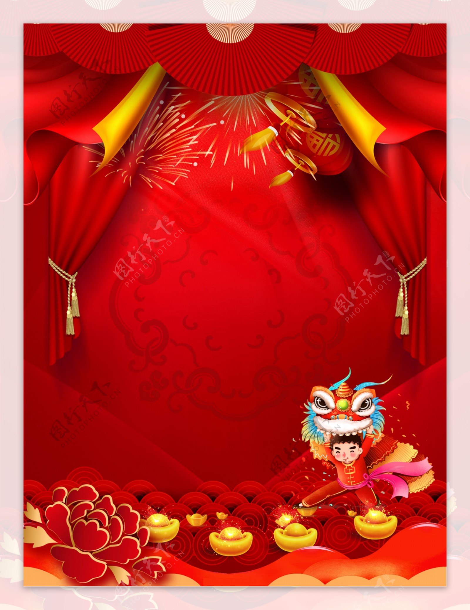 2019猪年春节舞狮喜庆背景设计
