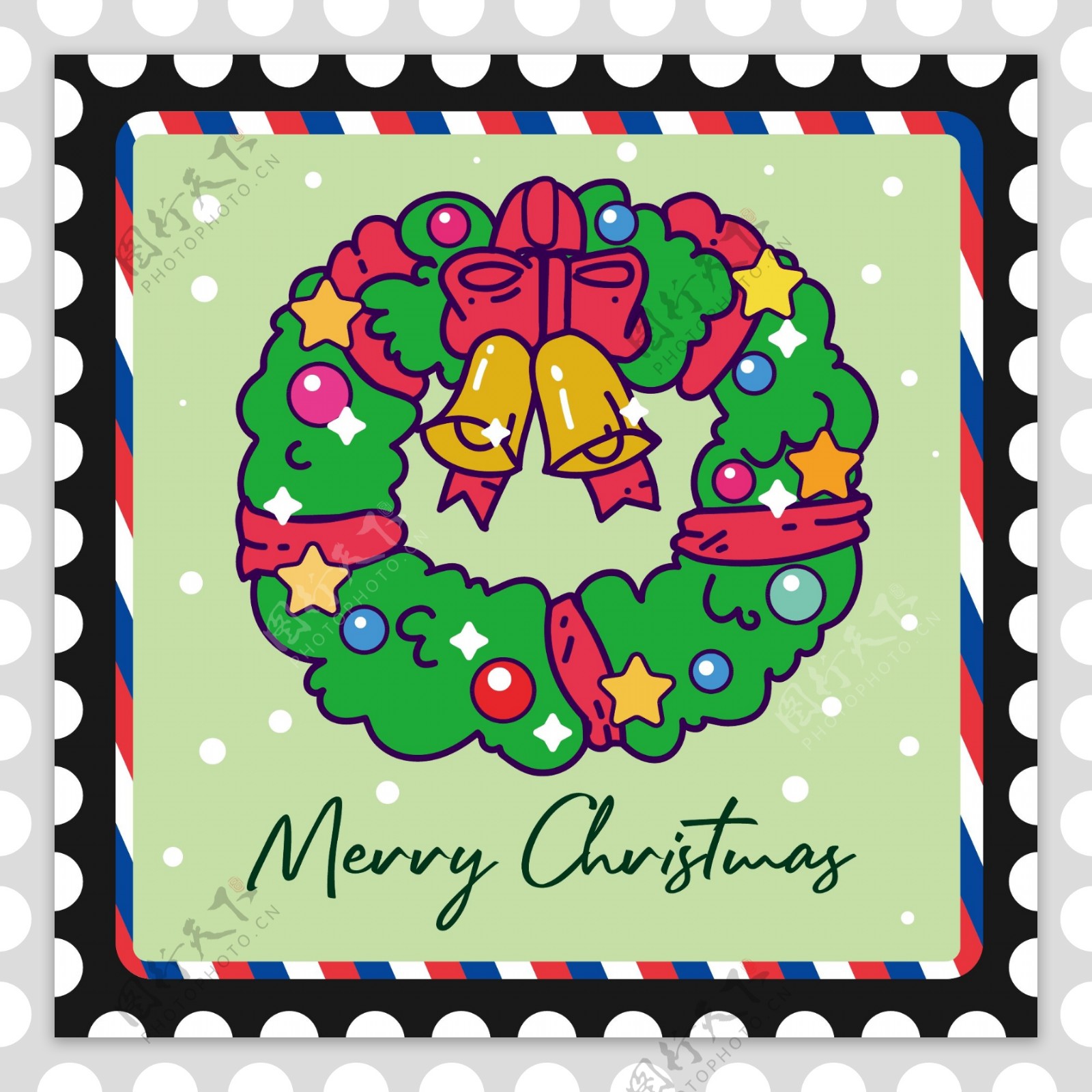 圣诞邮票贴纸卡通圣诞花篮矢量元素