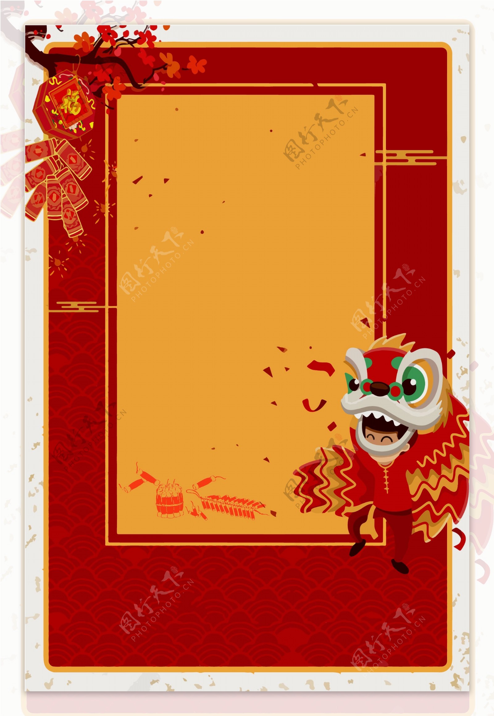大红色传统元旦舞狮背景设计