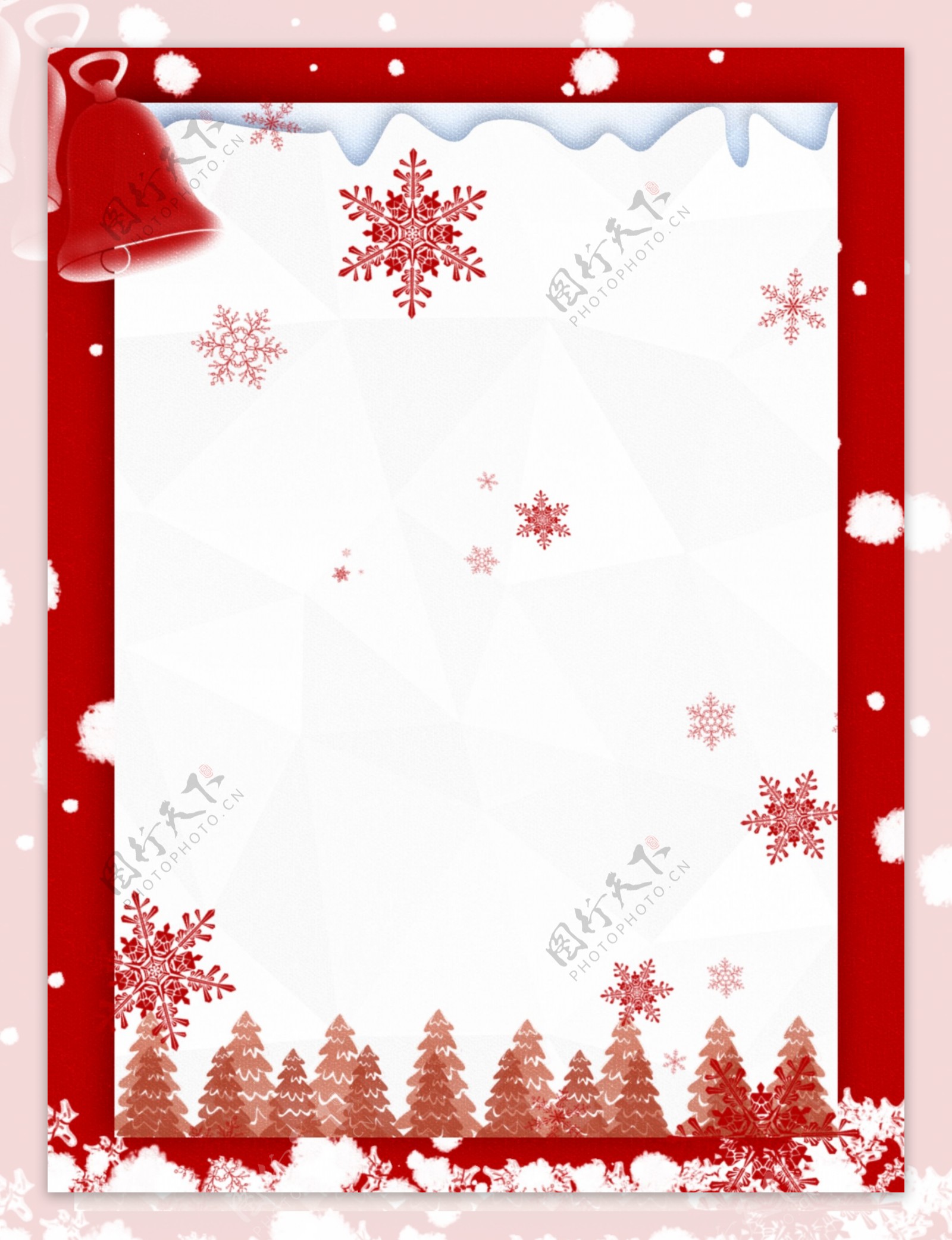原创红色树林圣诞节卡纸雪花背景
