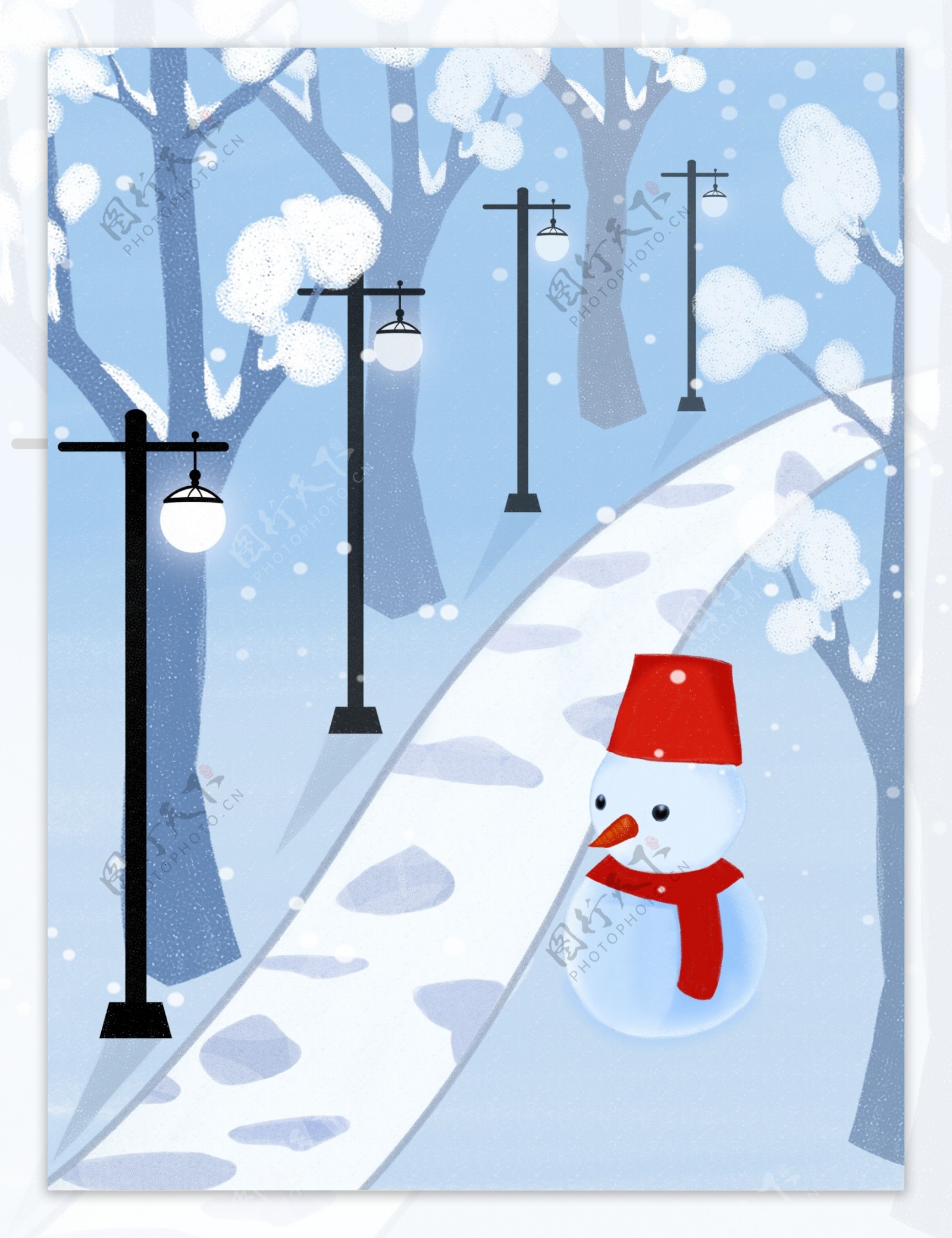 手绘路灯下的雪人冬季背景素材